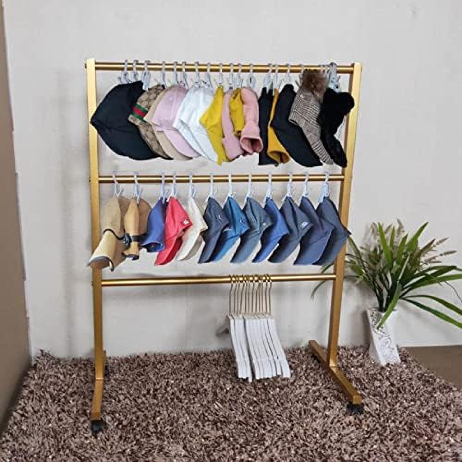 Estante De Almacenamiento Multifunción para Sombreros/Bolsos/Calcetines, Organizadores De Soporte De Sombrero De Metal De 3 Niveles con Ruedas, Soporte De Exhibición De Gorras De Béisbol,Oro,YUYAN