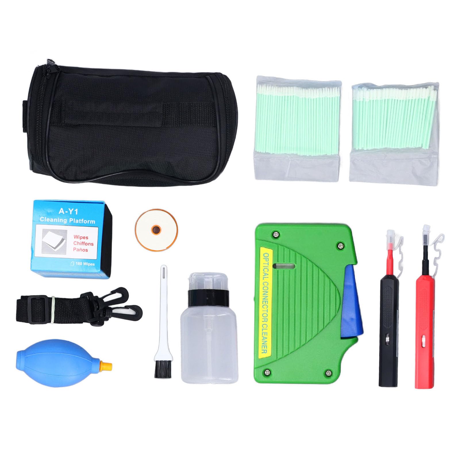 Kit de limpieza de fibra óptica de 11 piezas, limpiador de conectores ópticos con plumas de limpieza de 1,25 mm y 2,5 mm, caja de núcleo reemplazable para conectores SC, FC, ST, LC