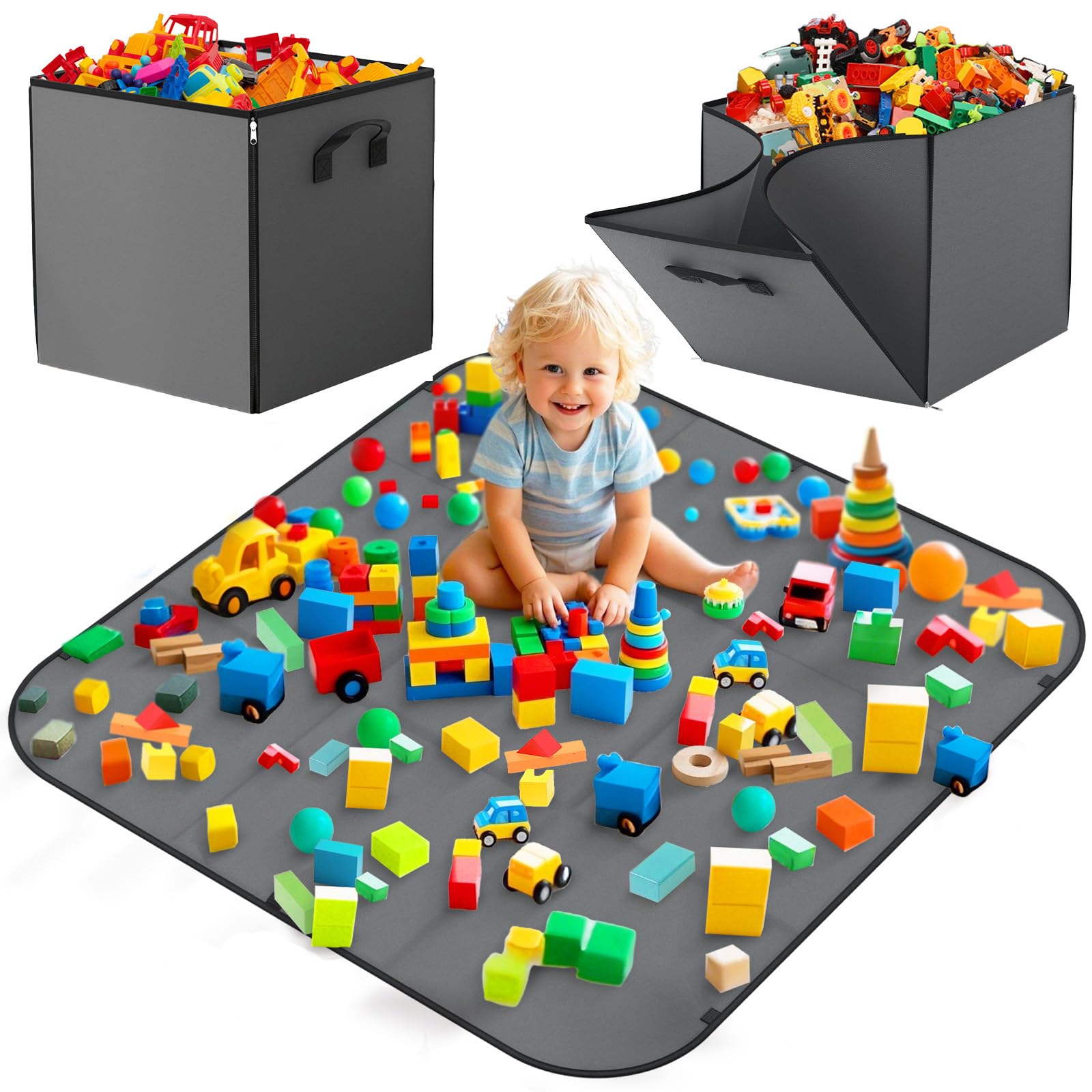 YOHOOLYO 2 In 1 Toy Storage Plat Mat, Storage Box for Kids Children Space Adventures Design,Nursery, Playroom, Basket for Building Bricks Blocks Collapsible Cube Bin, 18.7" x 18.7" x 18.7"