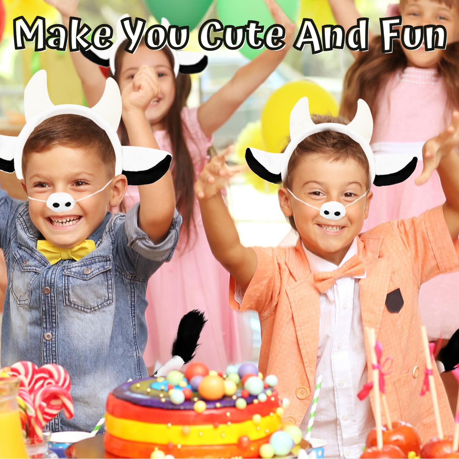 Aoriher Set Di 4 Accessori Per Costume Da Mucca: Fascia Con Orecchie E Corna, Naso, Coda E Papillon, In Flanella, Per Bambini E Adulti, Per Carnevale E Halloween - 4