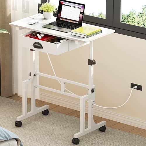 Small Adjustable Height Standing Desk with Storage Drawers, Rolling Sit