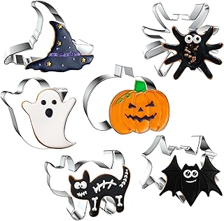 FUSOTO Halloween Cookie Cutters, 6 Pcs Holiday Cookie Cutters Halloween Shapes - Spider, Pumpkin, Bat, Cat, Ghost, Witch H...