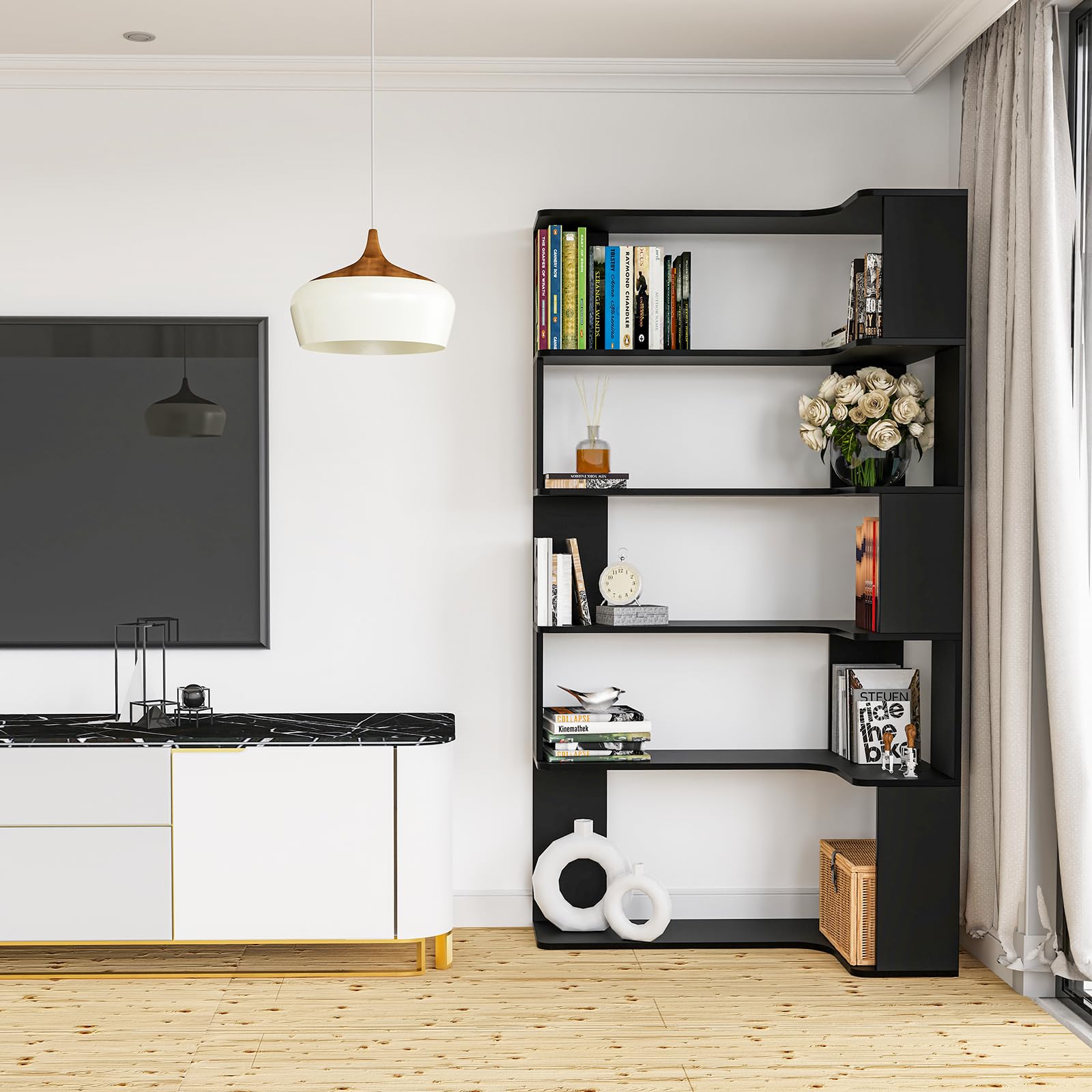 Eckregal 5 Ebenen, Standregal Großes Modernes Eck-Bücherregal, L-Förmiges Offenes Bücherregal, Eckregal Wohnzimmer Holz, Standregal aus Bambus für Schlafzimmer, Büro, Arbeitszimmer Schwarz