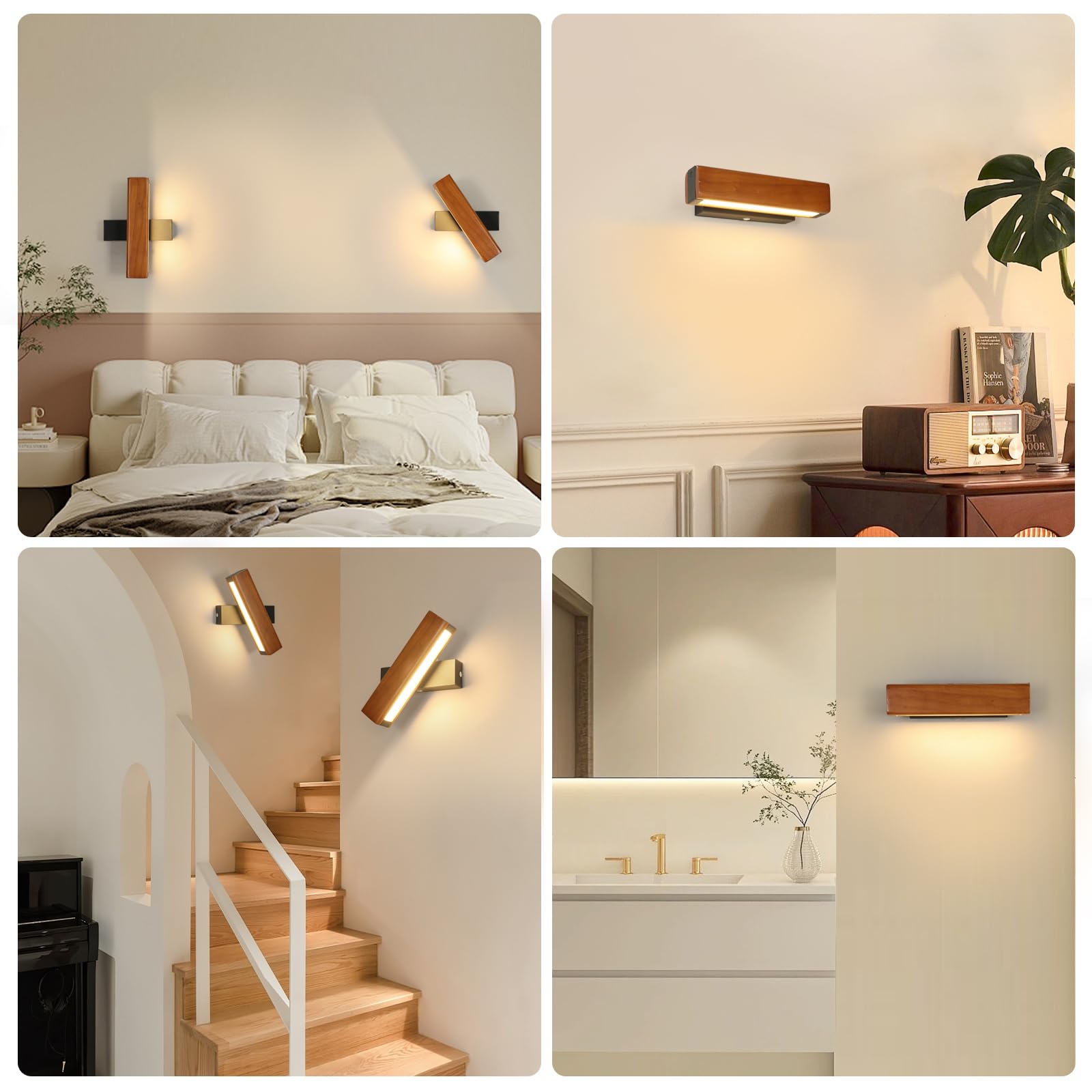 Dorlink Led Wandleuchte Innen mit Touch Schalter Stufenlos Dimmbar,3000k Warmweiß Holz Wandlampe,350°Drehbarer Wandlampe Innen,Moderne Wandleuchten für Schlafzimmer,Flur,Treppenhaus,Veranda