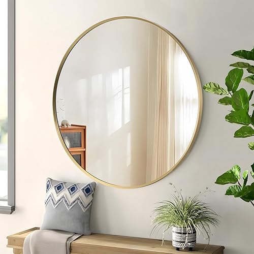 Miniatura 10 de Espejo redondo de baño negro de 36 pulgadas, espejo circular grande montado en la pared con marco de metal negro mate cepillado para tocador de