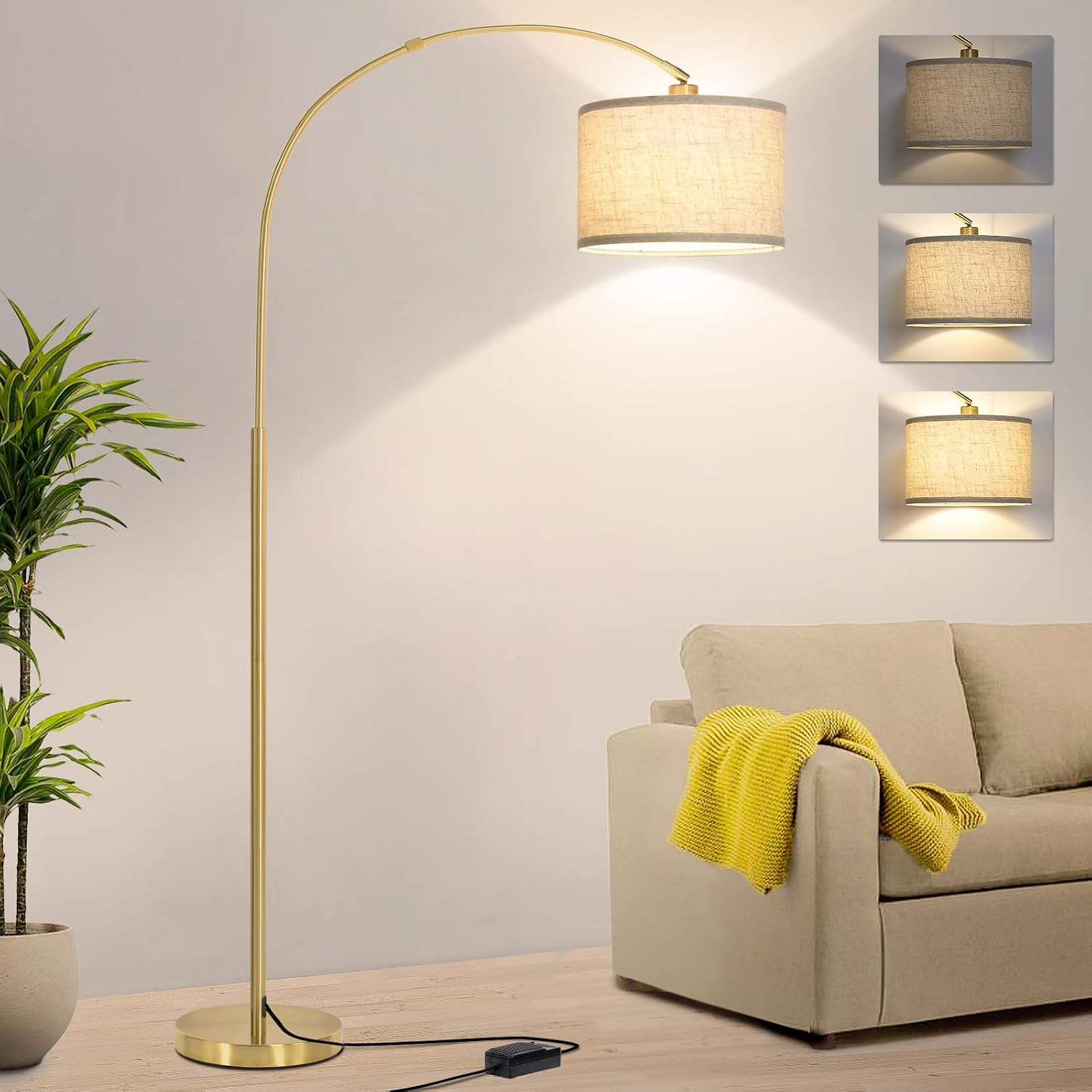 Gold Arc Floor Lamp, Dimmable Floor Lamp for Living Room, Mordern Standing Lamp with Adjustable Lampshade, Tall Pole Lamp Over Couch Arched Light for Reading, Bedroom, Office, 3000K LED Bulb Included