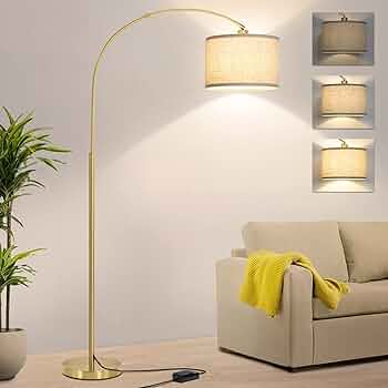 Gold Arc Floor Lamp, Dimmable Floor Lamp for Living Room, Mordern Standing Lamp with Adjustable Lampshade, Tall Pole Lamp Over Couch Arched Light for Reading, Bedroom, Office, 3000K LED Bulb Included