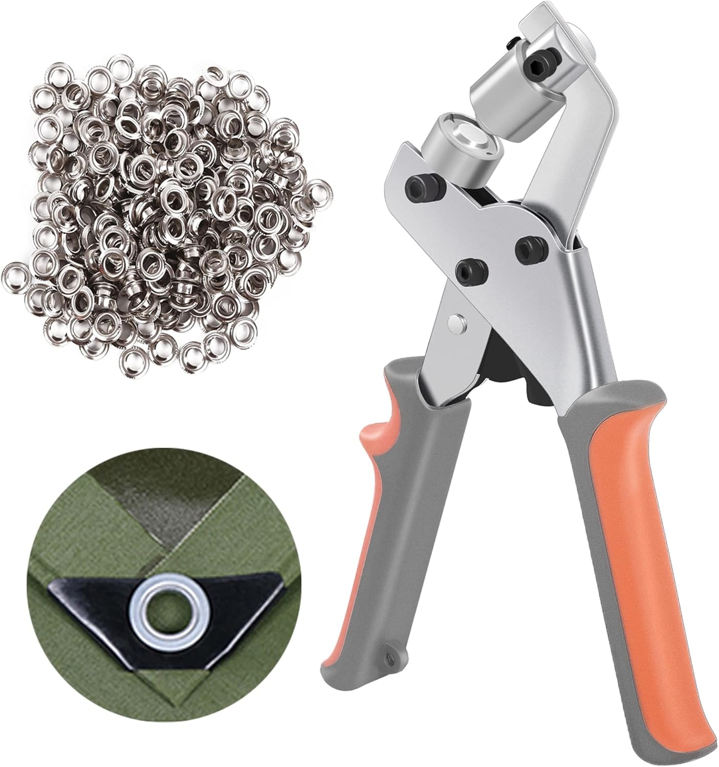 KING PIECES LACUISINE Grommet Tool Kit Handheld Hole Punch Pliers Portable Grommet Hand Press Machine Manual Puncher w/ 500pcs Silver Grommets of 3/8 Inch (10mm)
