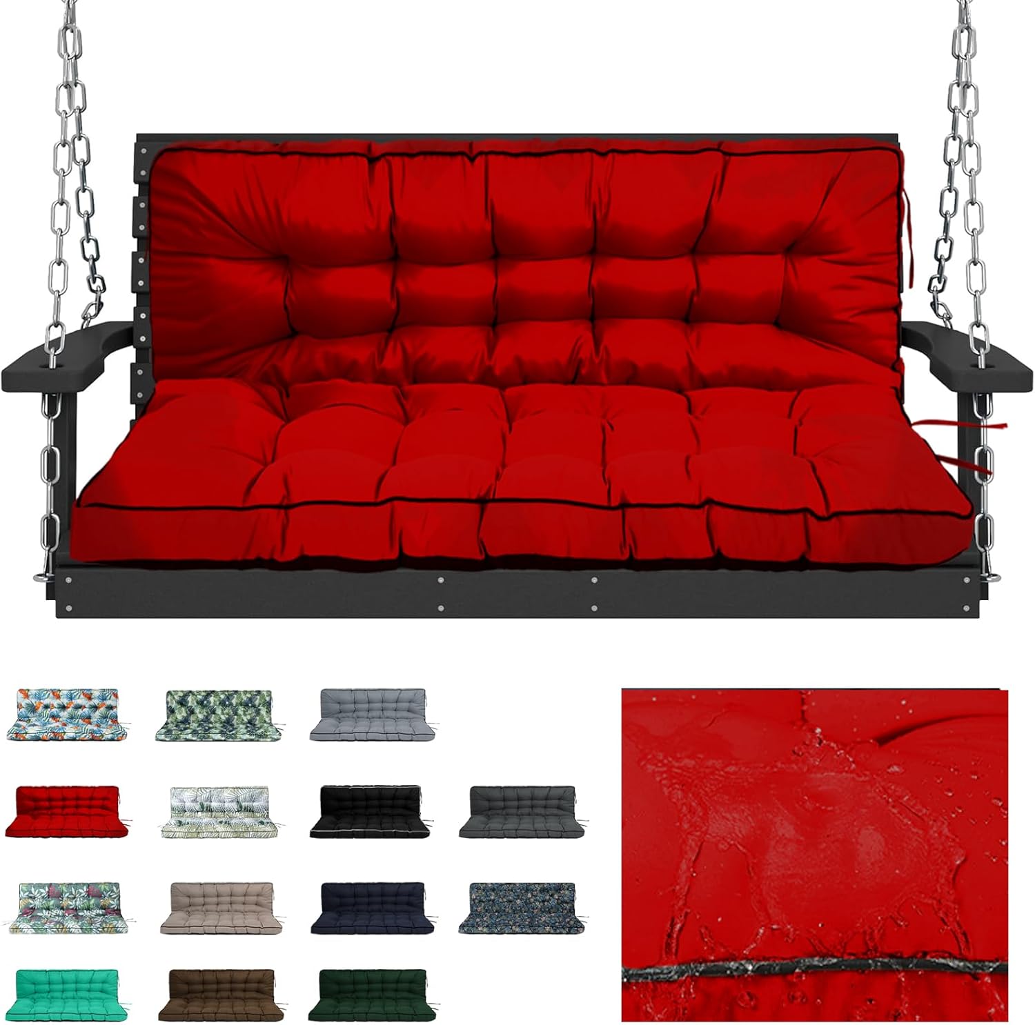 Waterproof Porch Swing Cushion Replacement, Thick 2–3 Seat Swing Seat Cushion with Backrest & Ties, Outdoor Bench Cushion for Patio Garden Porch Furniture (Red, 40 x 55 in)