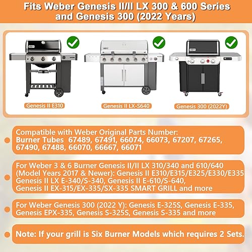 Miniatura 2 de 67489 67491 - Tubos quemadores de 19 12 pulgadas para piezas de parrilla Weber Genesis II, repuesto para Weber GS4 Genesis 2 E-310 E-330 S-310 E-315