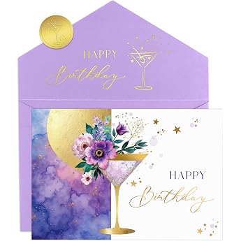 Joli Coon Premium Elegant Birthday Card - Happy Birthday Card with Floral Martini Illustration and Pastel Envelope - Birthday Card for Wife Girlfriend Mum or Daughter