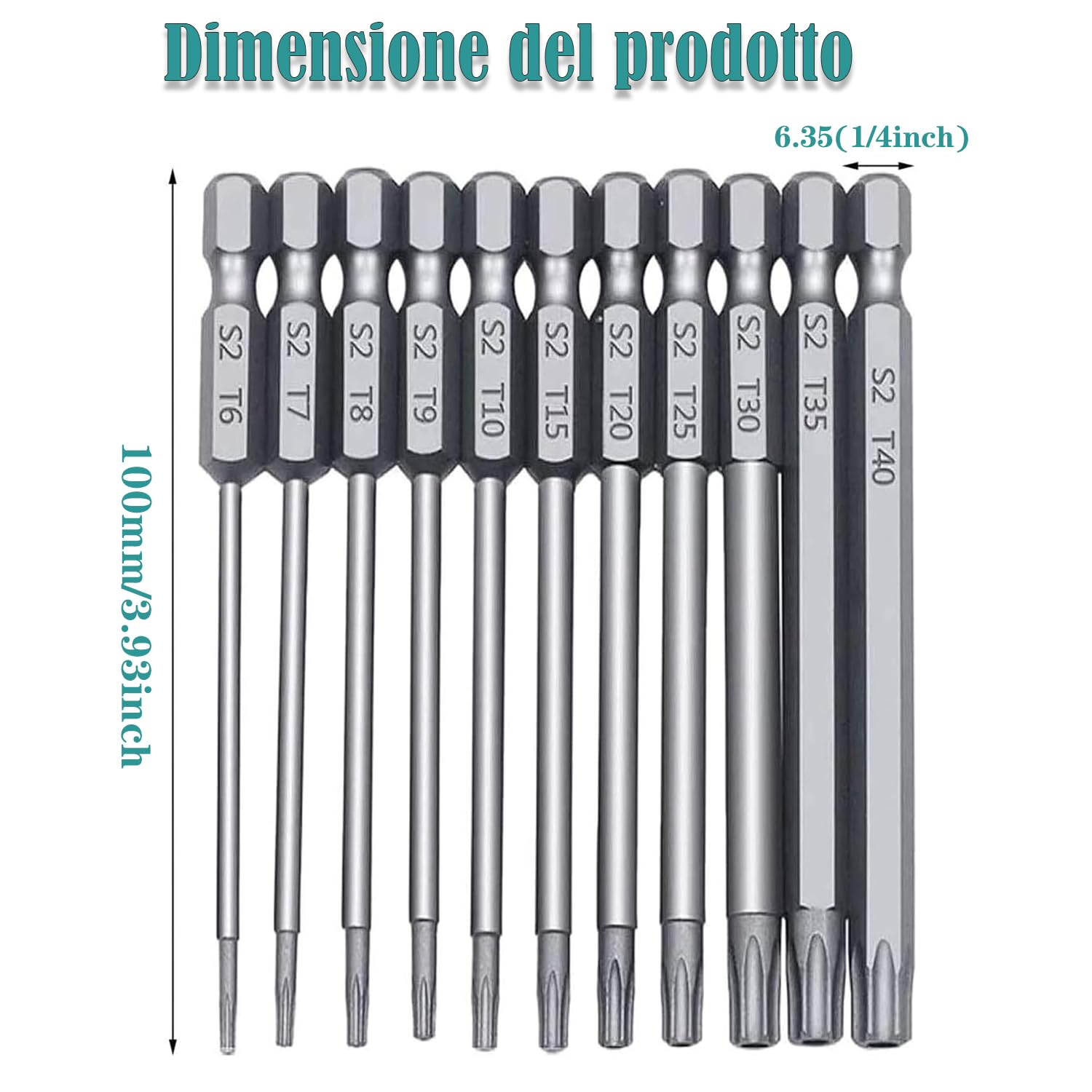 Set 11 Punte Torx T6-T40 Da 100 Mm – Gambo 1/4", Magnetiche E In Acciaio S2 Per Avvitatori Elettrici