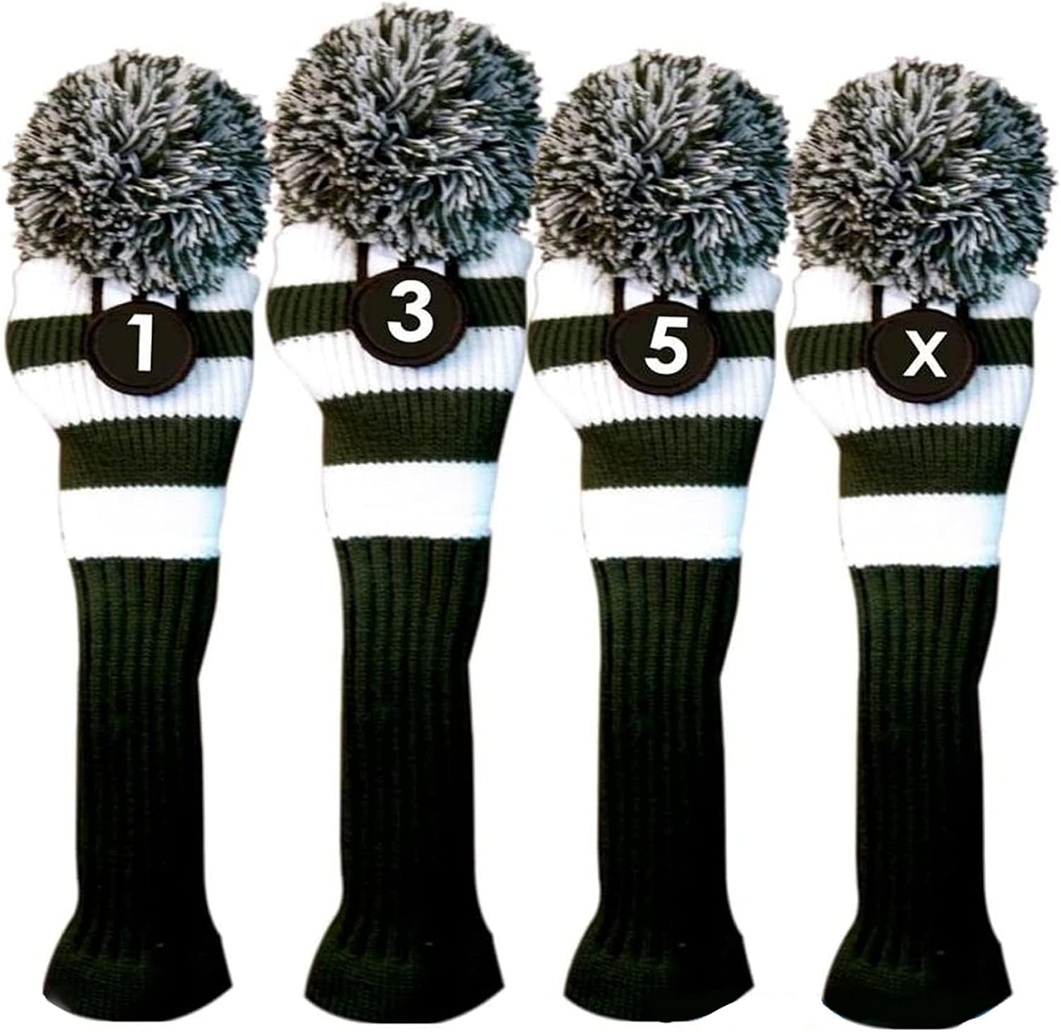 Majek Golf Club 1 3 5 X White and Green Limited Edition Driver and Fairway Wood Head Covers Fits 460cc Drivers Tour Knit Retro Vintage Pom Classic Long Neck Metal Longneck Woods Headcovers