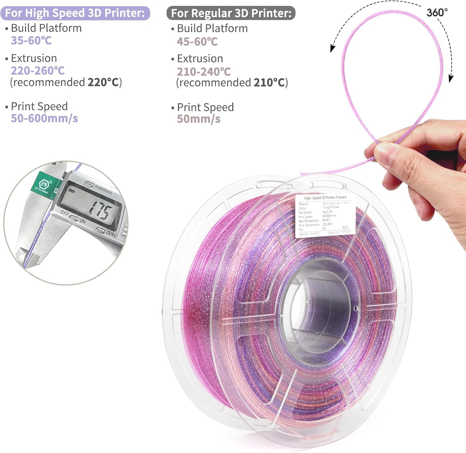 iSANMATE Rapid Gradient Clear PETG Filament 1.75mm, Transparent Gillter 3D Printer Filament, Vivid Clear Rainbow PETG, Dimensional Accuracy ±0.02mm, 1kg Spool-Twilight Purple