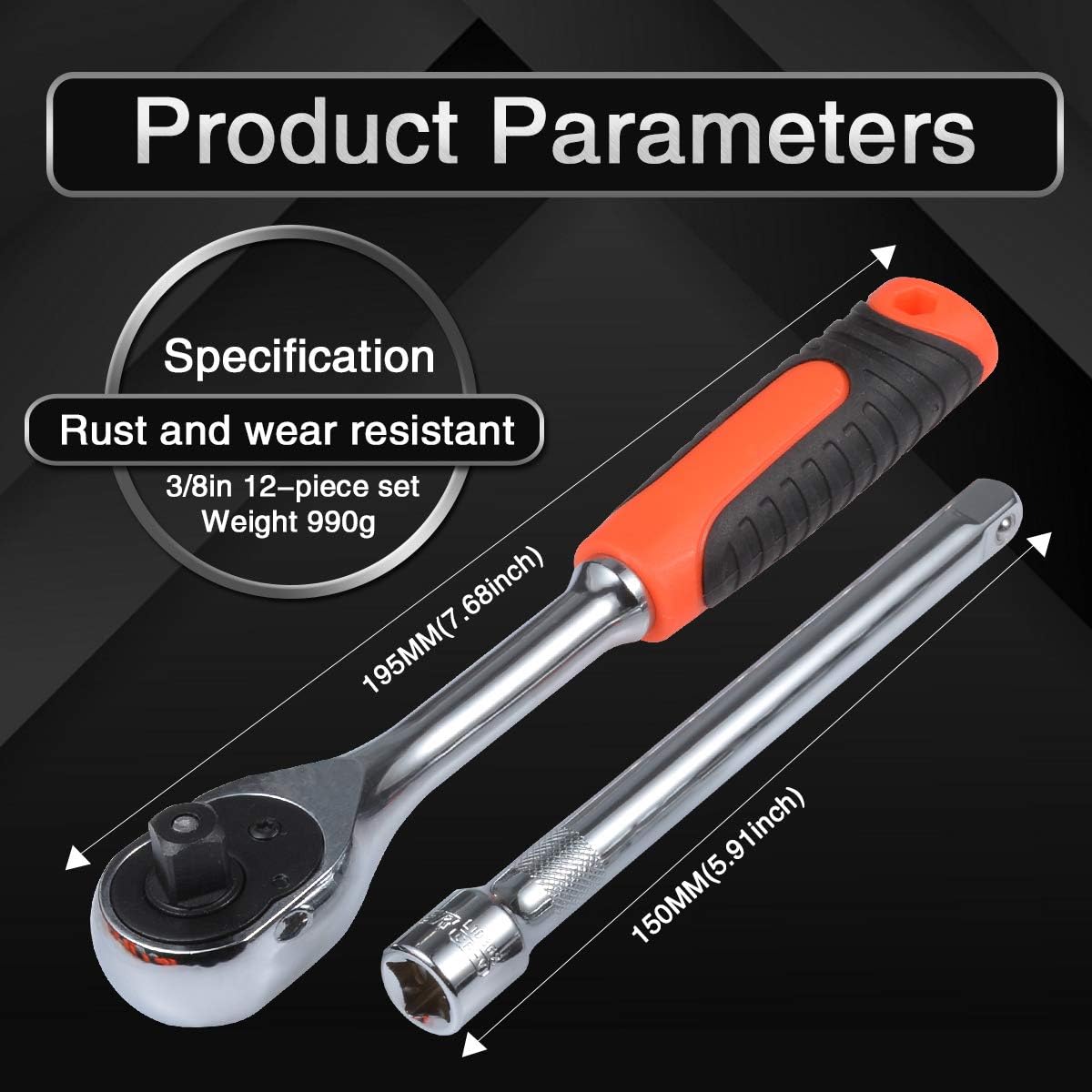 KATUR 12Pcs 3/8 Inch Metric Drive Sockets Set, Quick Release Reversible Ratchet Handle, Swappable Spanners Sockets with Hanging Rack (3/8 Inch Wrench 195mm Length)