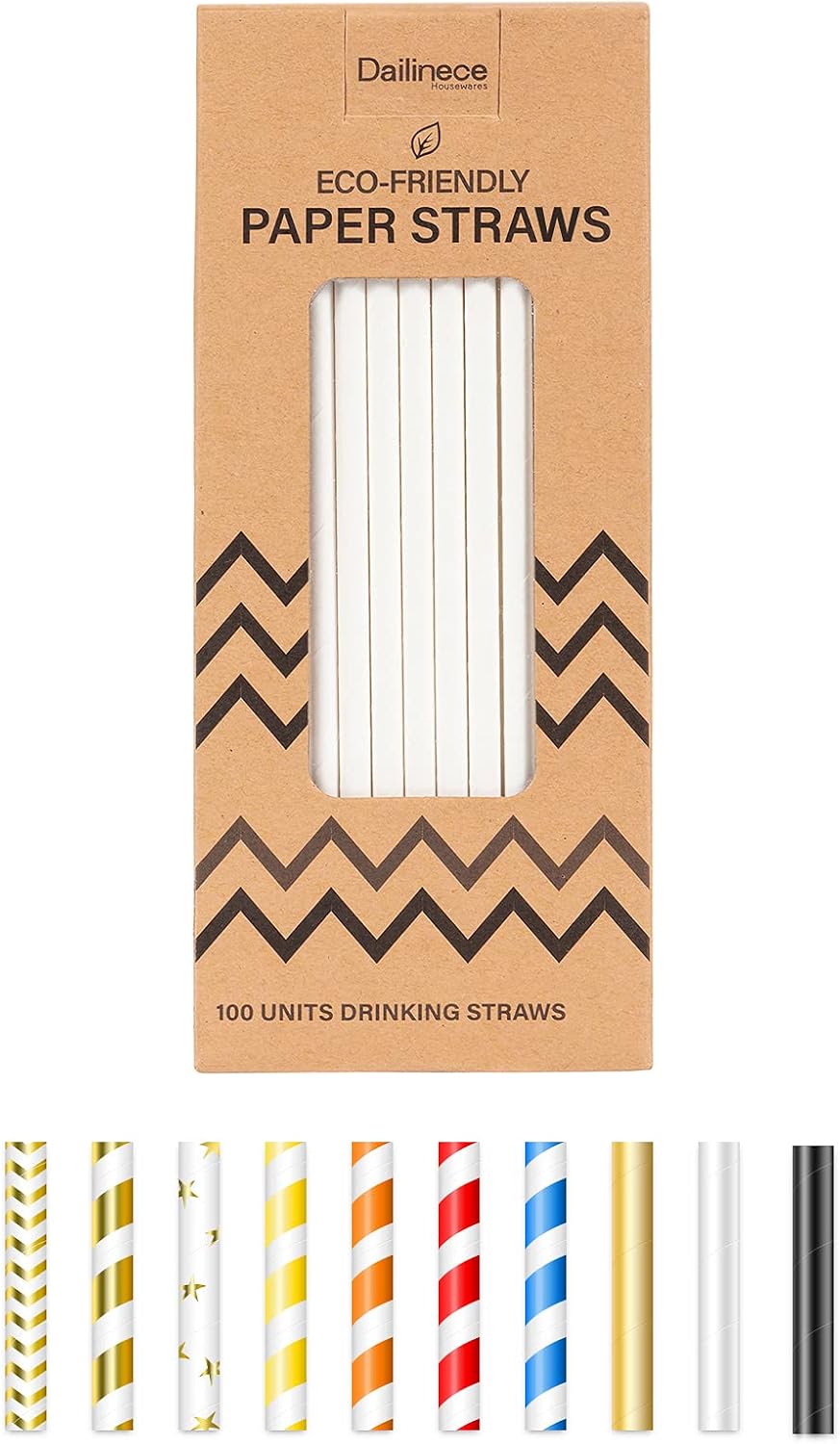 Dailinece Paper Straws Drinking & Party Supplies Eco-Friendly Biodegradable Dye-Free Assorted Multi Colors (100 Counts, White)