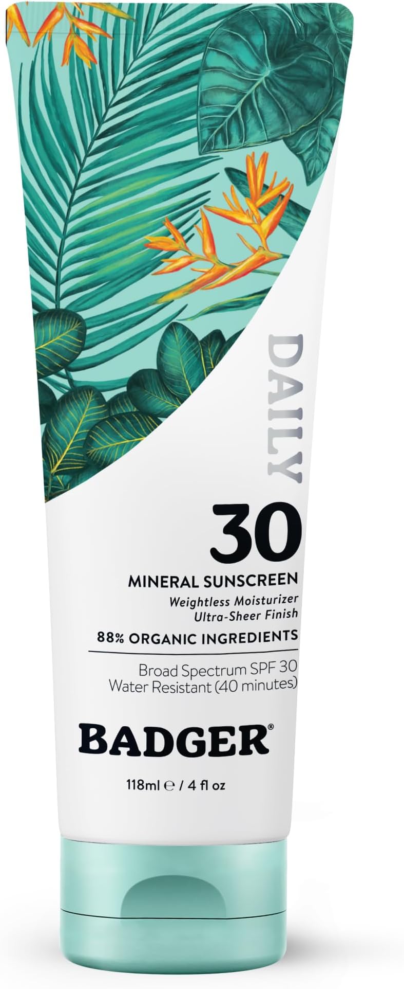Mineral Daily Sunscreen with Zinc Oxide, SPF 30, Lightweight & Easy to Apply w/No White Cast, Moisturizing Organic Sunscreen, Reef Safe, Vegan, Unscented, 4 fl oz
