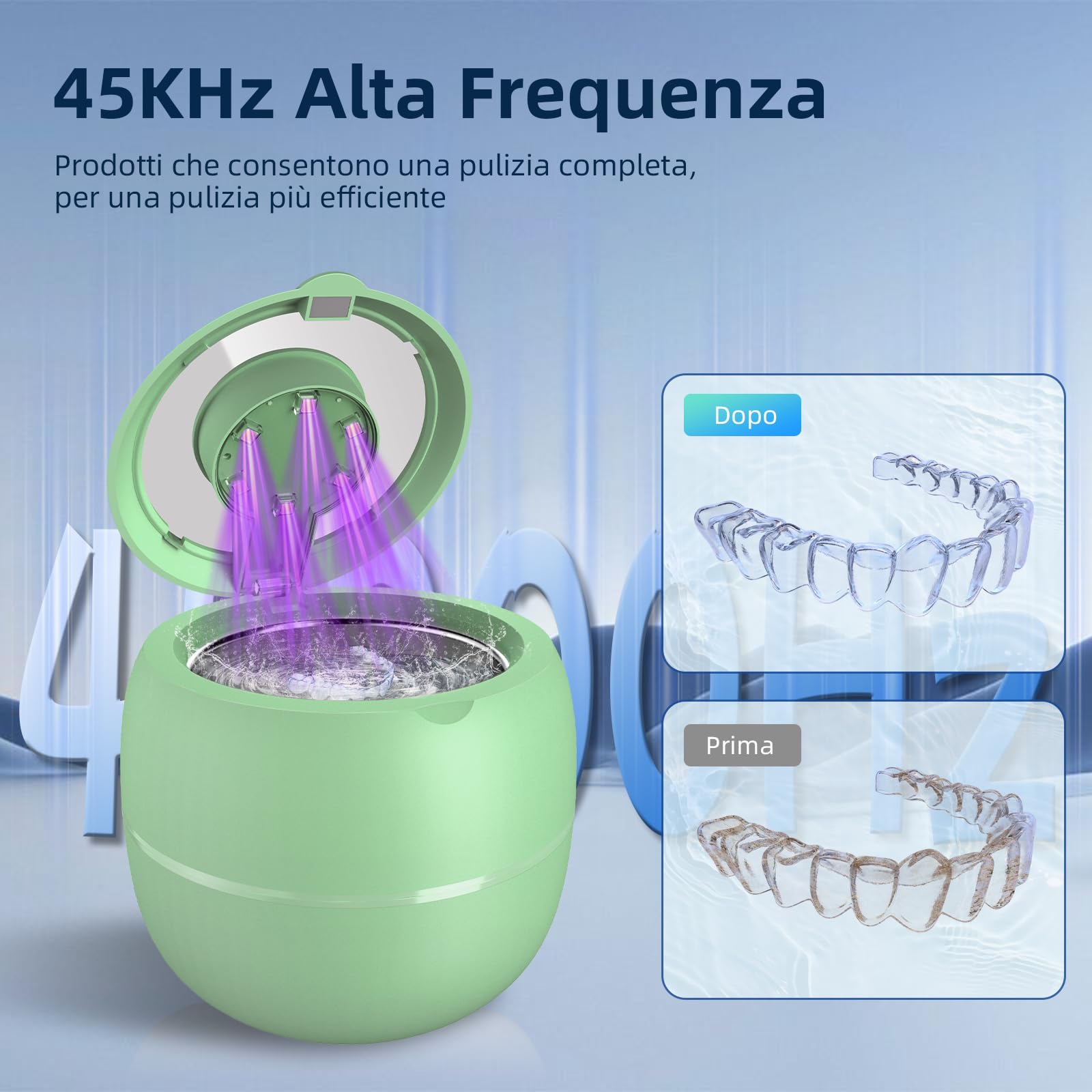 Pulitore Ultrasuoni Cordless 48000Hz, 210ML Portatile Ricaricabile Ultrasonic Cleaner con 6 Luci Automatiche di Pulizia UV Per Protesi, Allineatori, Apparecchi Ortodontici, Gioielli