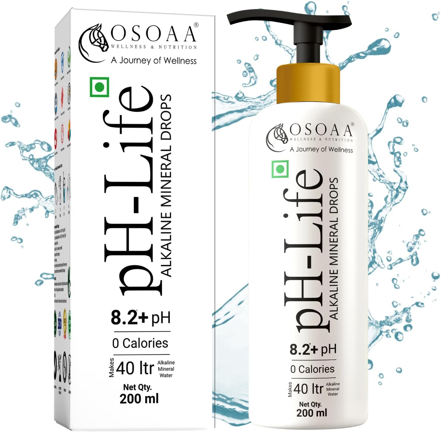 - OSOAA Ph-Life Vegetarian Alkaline Mineral Water Drops (200Ml)|Makes 40L Alkaline Water|8.2+ Ph Booster Drops For Ro Water|14 Minerals,0 Calorie|Drinking Water Enhancer Liquid