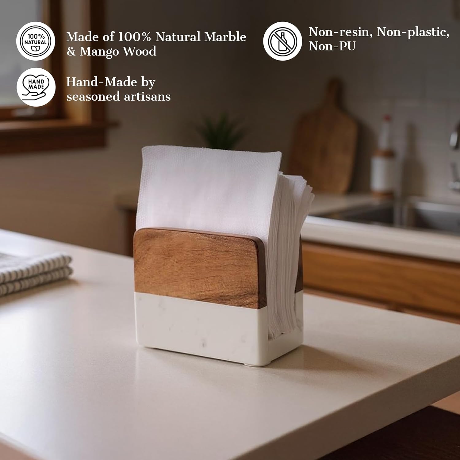 Marble & Acacia Wood Napkin Holder – Modern Upright Paper Napkin Holder for Kitchen Table, Heavy Base Sturdy Tabletop Accessory, Perfect Farmhouse Kitchen Decor Gift