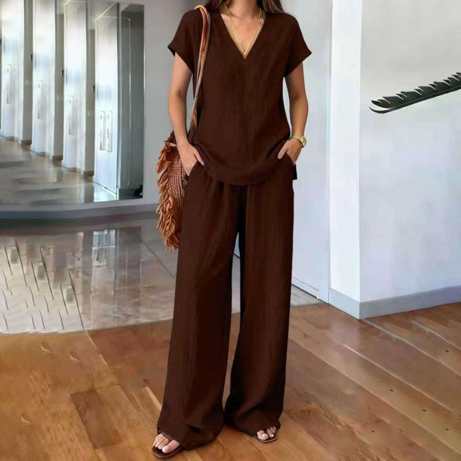 Conjunto de dos piezas de lino y algodón para mujer, blusa de manga corta con cuello en V, cintura alta, pantalones de pierna ancha, casual, ajuste holgado, transpirable, ropa de verano cómoda para la
