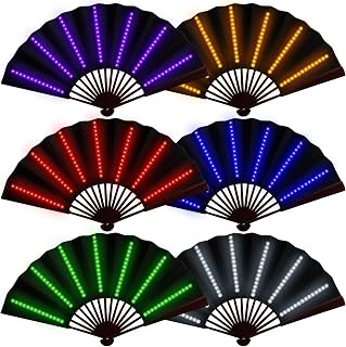 Roowest 6 Pcs Rave Light up Folding Fan for Line Dancing, Black,Neon
