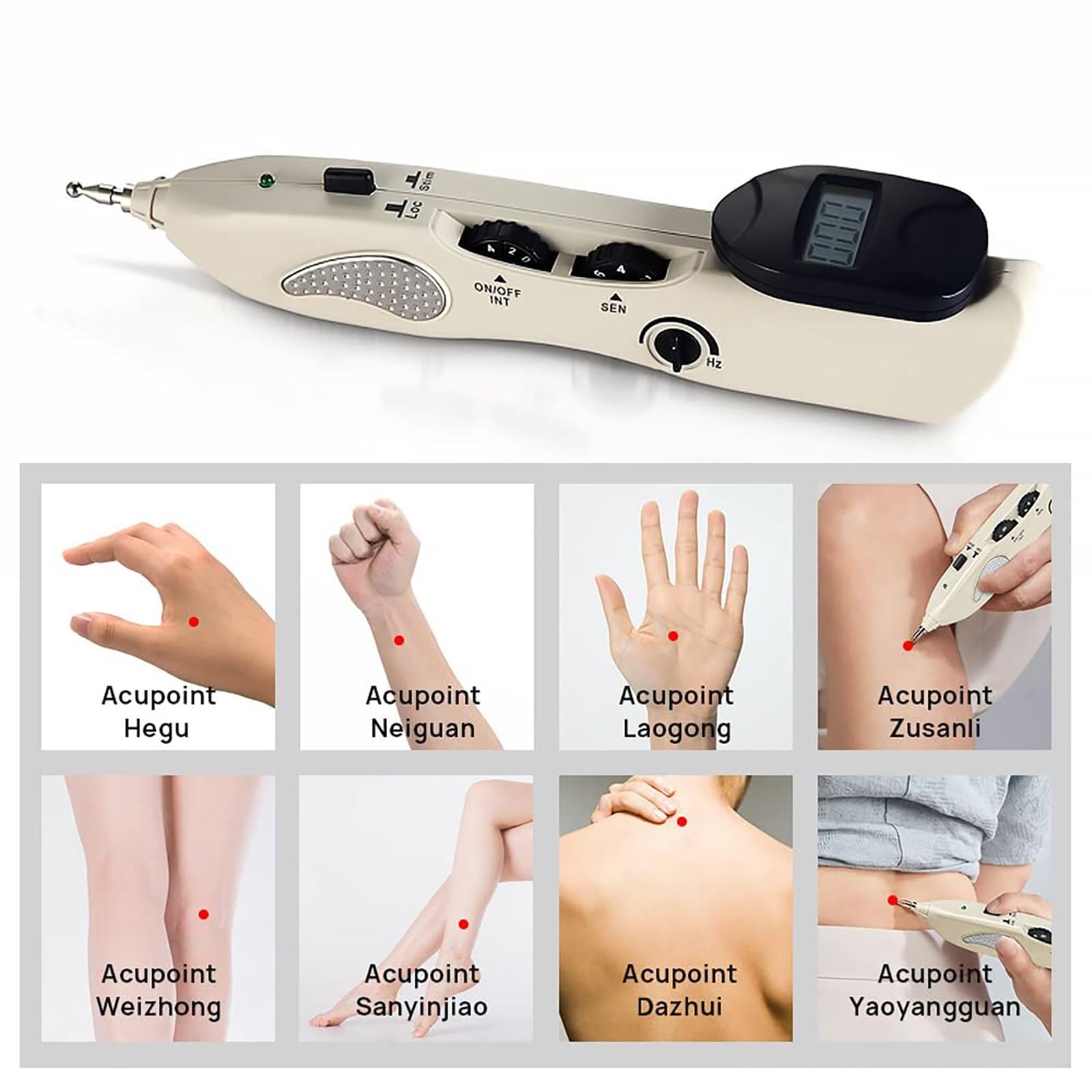 Detección automática de Puntos de acupuntura, 10 intensidades + 10 sensibilidades, frecuencia de Pulso: 1-23 Hz (Ajustable), con 3 sondas de Masaje, Recargable.