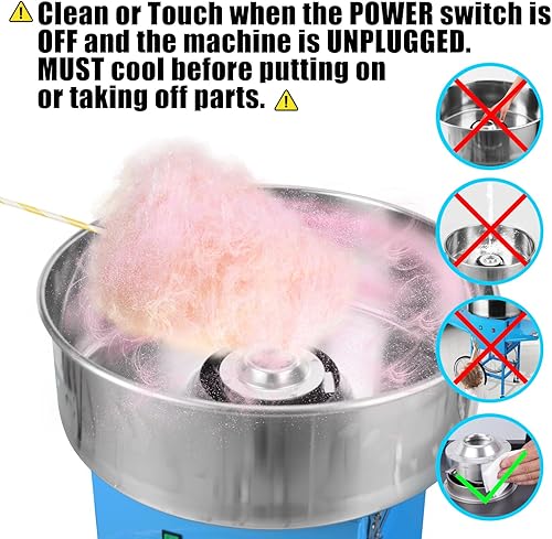 Miniatura 5 de Máquina comercial de algodón de azúcar azul de 1100 W, máquina eléctrica de hilo dental para niños, con bandeja de acero inoxidable, conos de