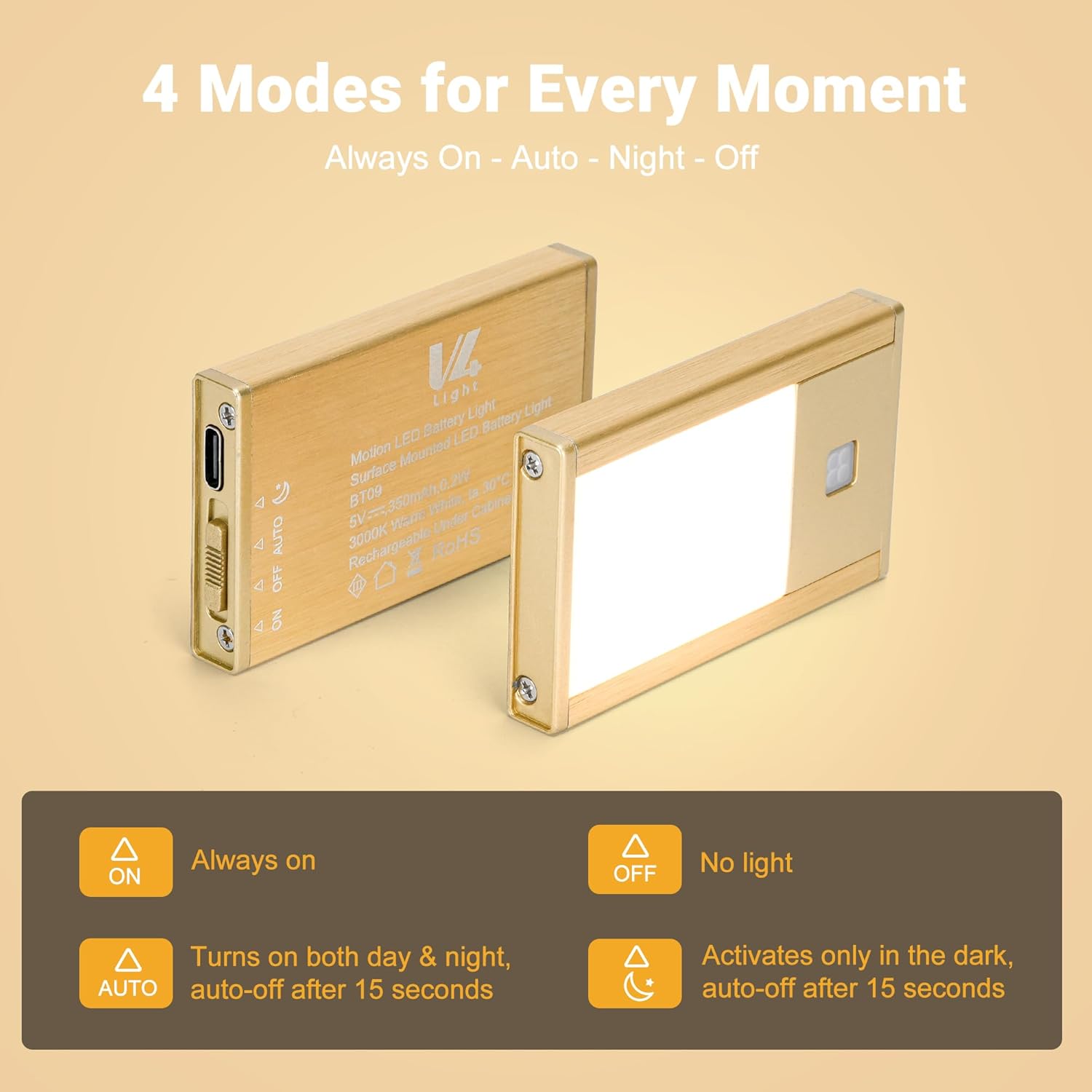 V4light Rechargeable Motion Sensor Night Lights, 8-Pack - Painted Gold Aluminum Alloy, Ultra-Compact Magnetic Mount, 3000K Warm White Glow, Ideal for Hallways, Bedrooms, Stairs & Nightly Use