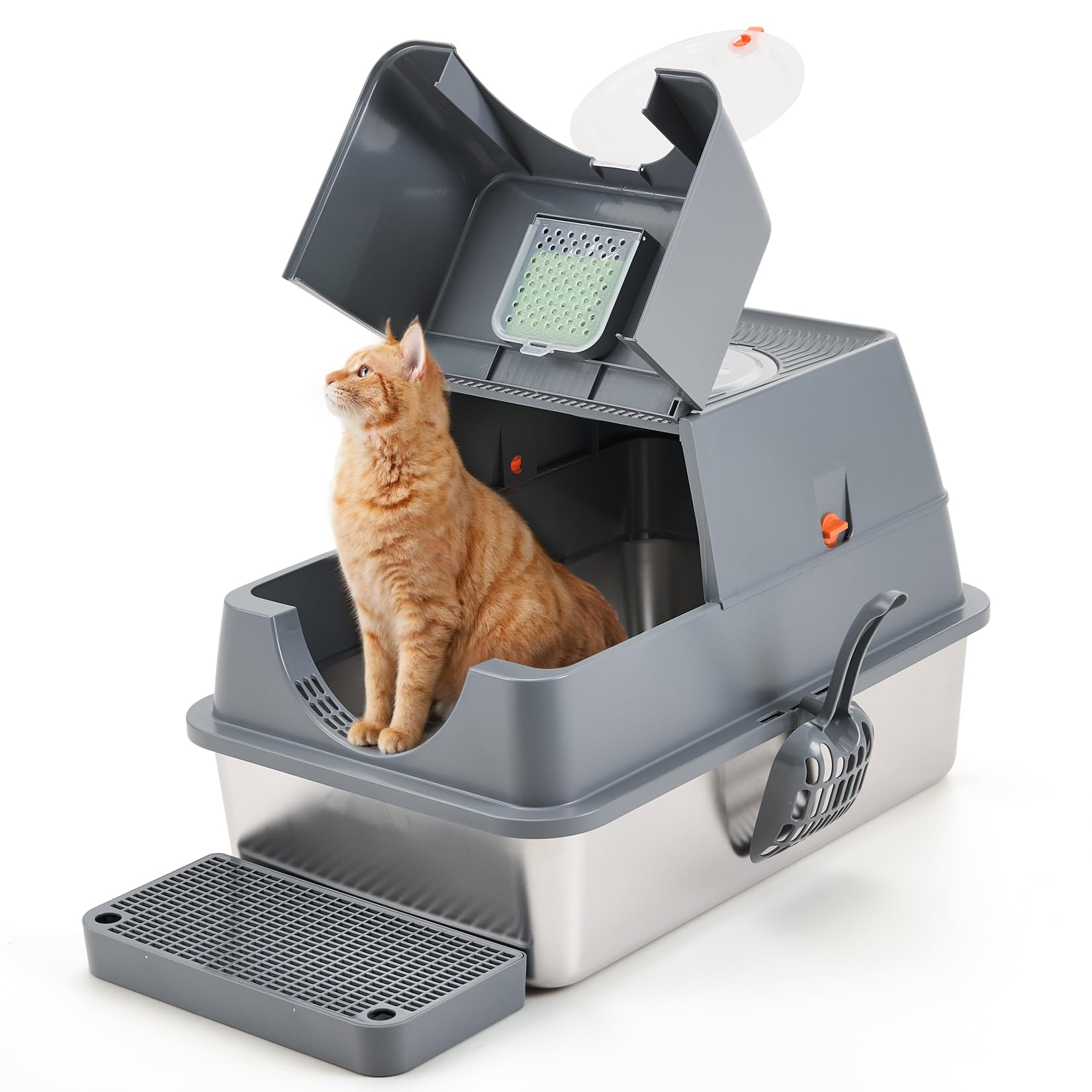 The Fellie Cat Litter Box Stainless Steel, Enclosed Cat Litter Tray, Kitten Litter Tray Detachable& Easy Clean, Metal LitterTray with Top Entry, Odor Control, with Filter, Scoop&Mat, 60x40x39cm,Grey