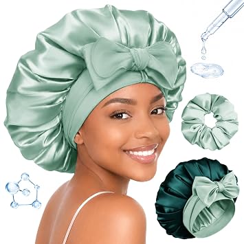 BONNET QUEEN Silk Bonnet for Sleeping Women HYALURONIC Acid Reversible Double Layer Satin Bonnet Night Sleep Cap Wrap for Curly Hair with Adjustable Tie Band & Scrunchie, Sage & Dark Green
