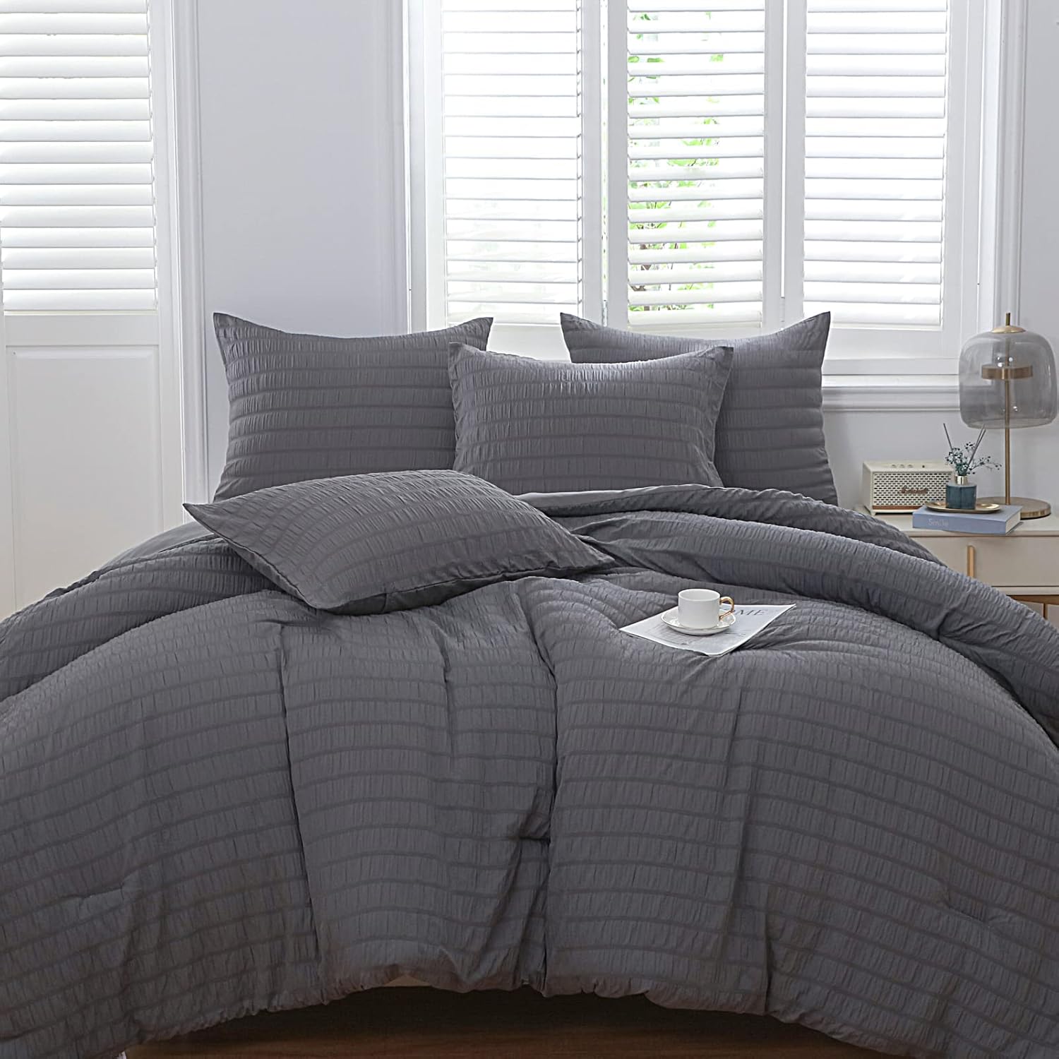Haowaner 2 Pieces Seersucker Grey Twin Comforter Set, Twin