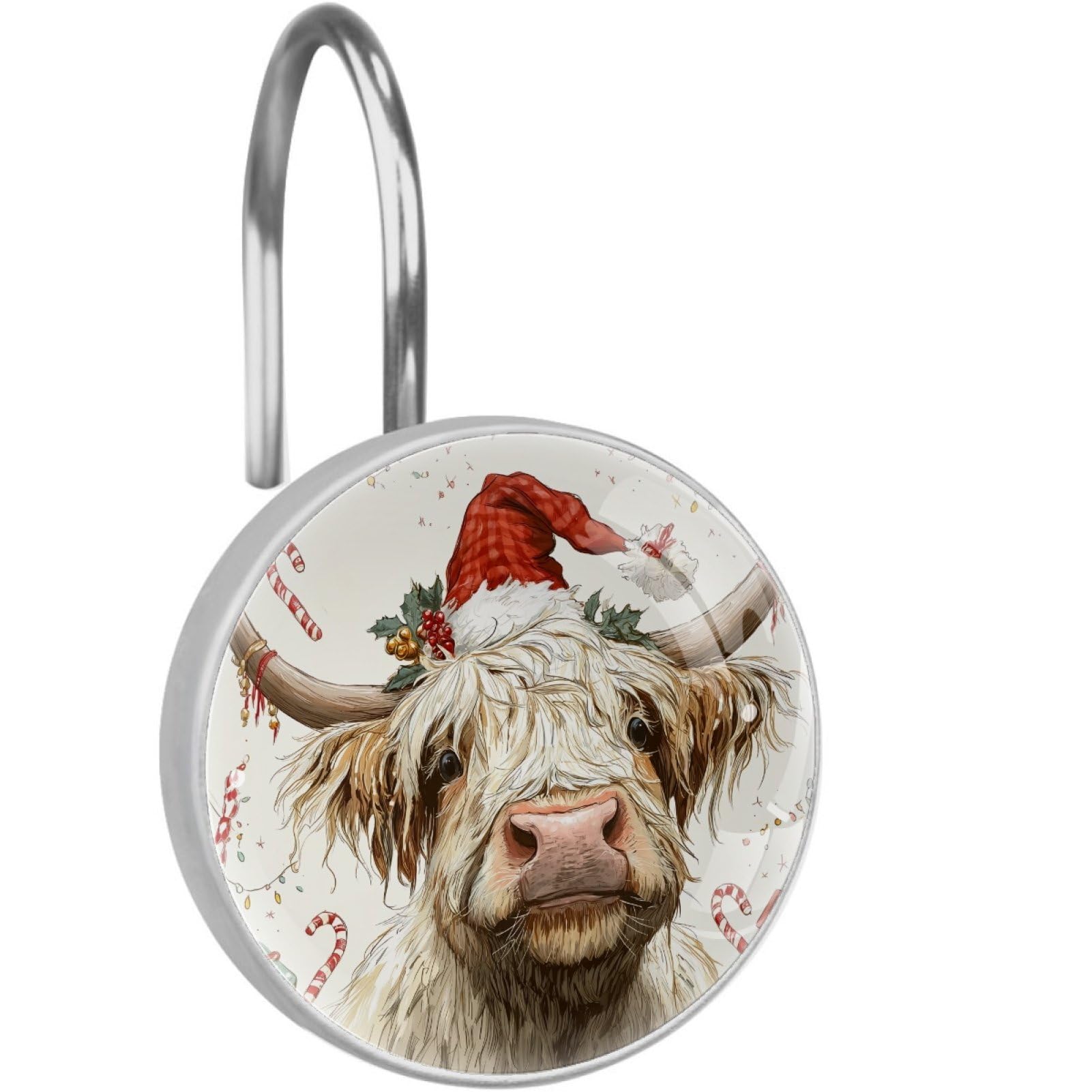 VAPOKF Decorative Shower Curtain Hook: Christmas Highland Cow Rustproof Stainless Steel Shower Curtain Ring for Bathroom - Shower Curtain Hook & Hangers - Set of 12