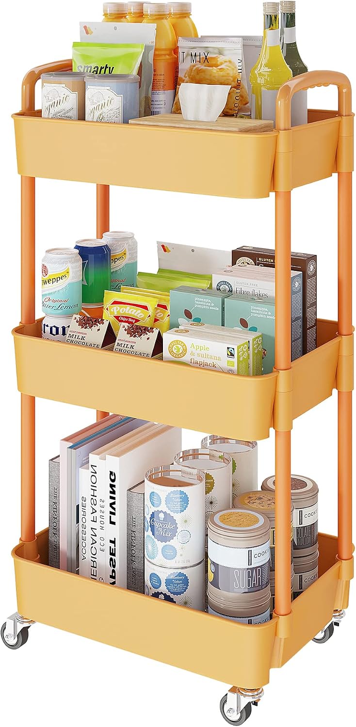 Laiensia 3-Tier Storage Cart,Multifunction Utility Rolling Cart Kitchen Storage Organizer,Mobile Shelving Unit Cart with Lockable Wheels for Bathroom,Laundry,with Classified Stickers,Orange