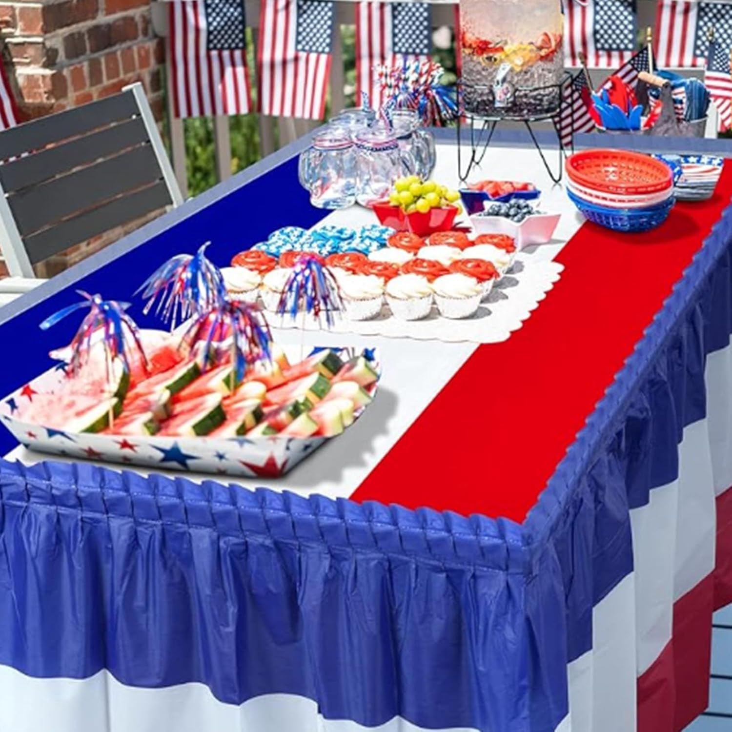 6 Pack 4th of July Plastic Table Skirts Decorations, Red White and Blue Patriotic Disposable Table Skirts, Decorations for Independence Memorial Veterans Day, 2.4 x 14 Ft(Red white and green)