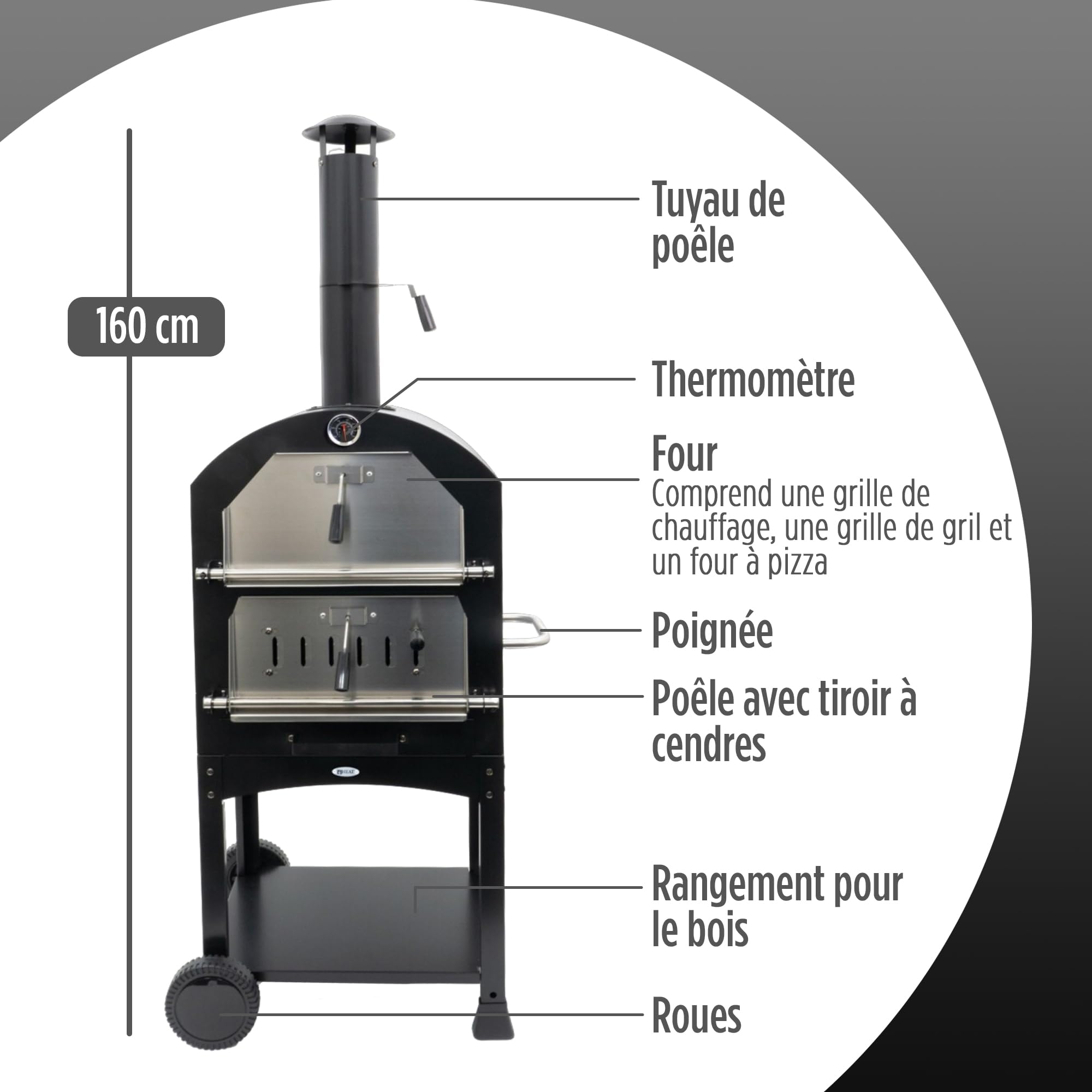 Four à Pizza HEAT Outdoor Living Ovnhus Noir Multifonctionnel Gril Barbecue Bois Charbon Briquettes Extérieur 50x36x160 cm