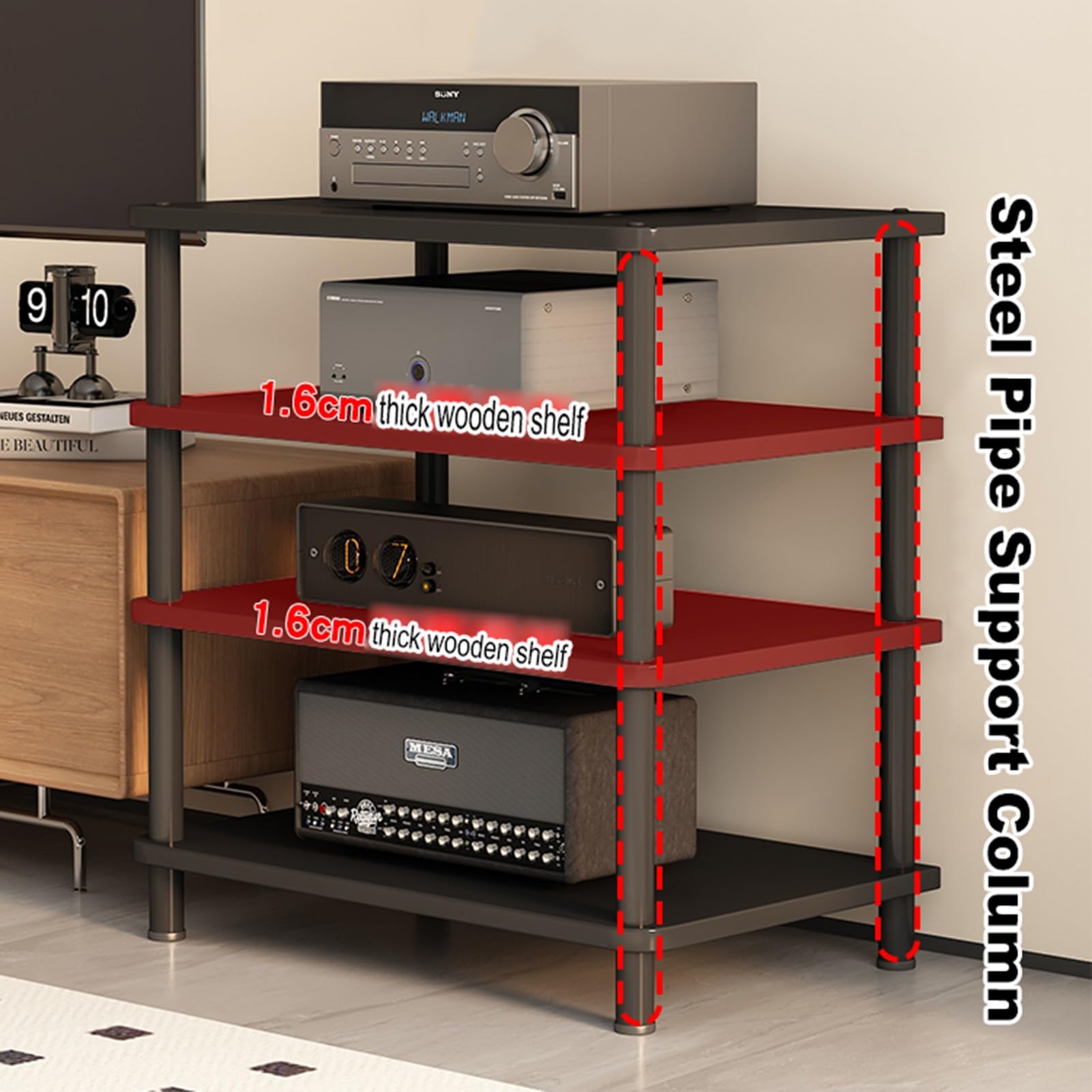 Supporto multimediale AV a 2/3/4 livelli con lettore CD, impianto stereo, autoportante/mobile, con ripiani in legno regolabili in altezza per casa/ufficio/home cinema (legno di noce chiaro, 3 livelli)