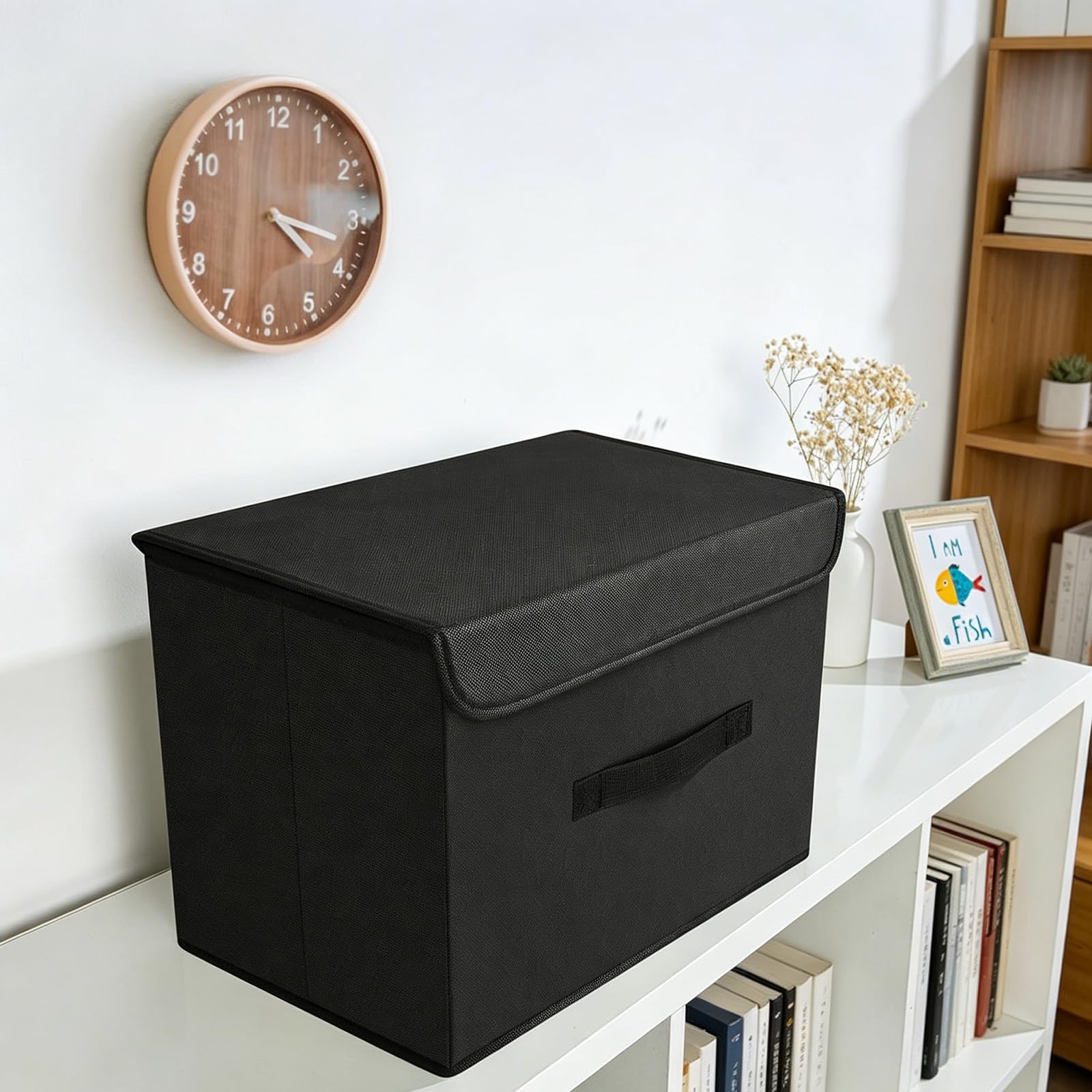 DIMJ 4 Piezas Cajas Organizadoras con Tapa Cajas de Almacenamiento Plegables Fabricadas en Tela con Asas Ideal Para Guardar Ropa, Zapatos, Ideal Para Guardar Juguetes, Ropa Y Cachivaches, Negro