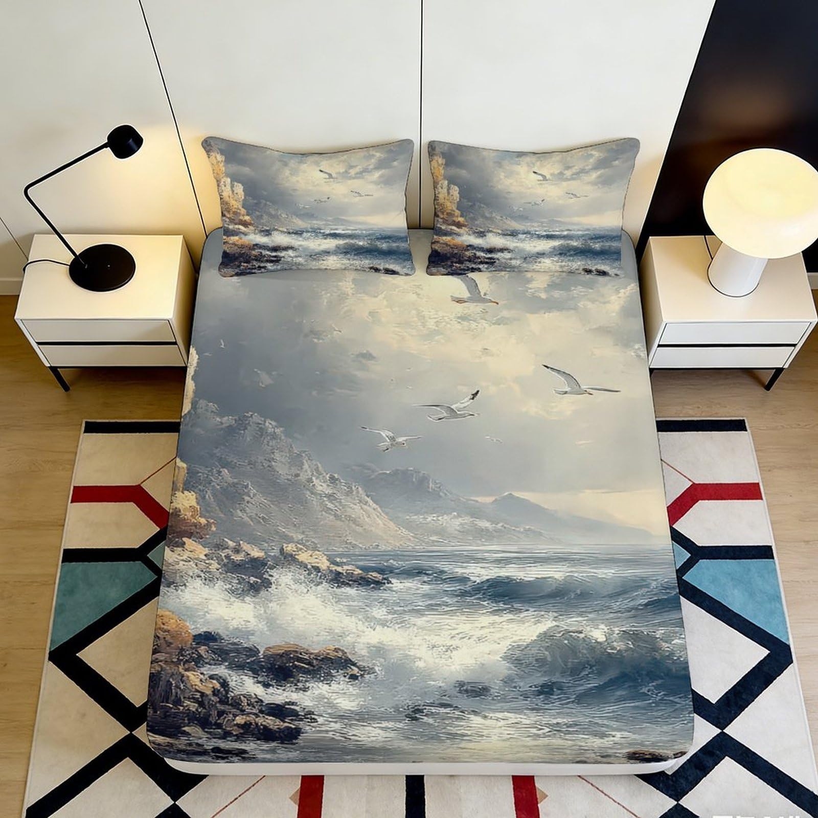3D Printed Ocean Wave Fitted Sheet Microfiber Blue Seascape Mattress Cover Soft Washable for Bedroom Guest Room Decor 90x200x25cm
