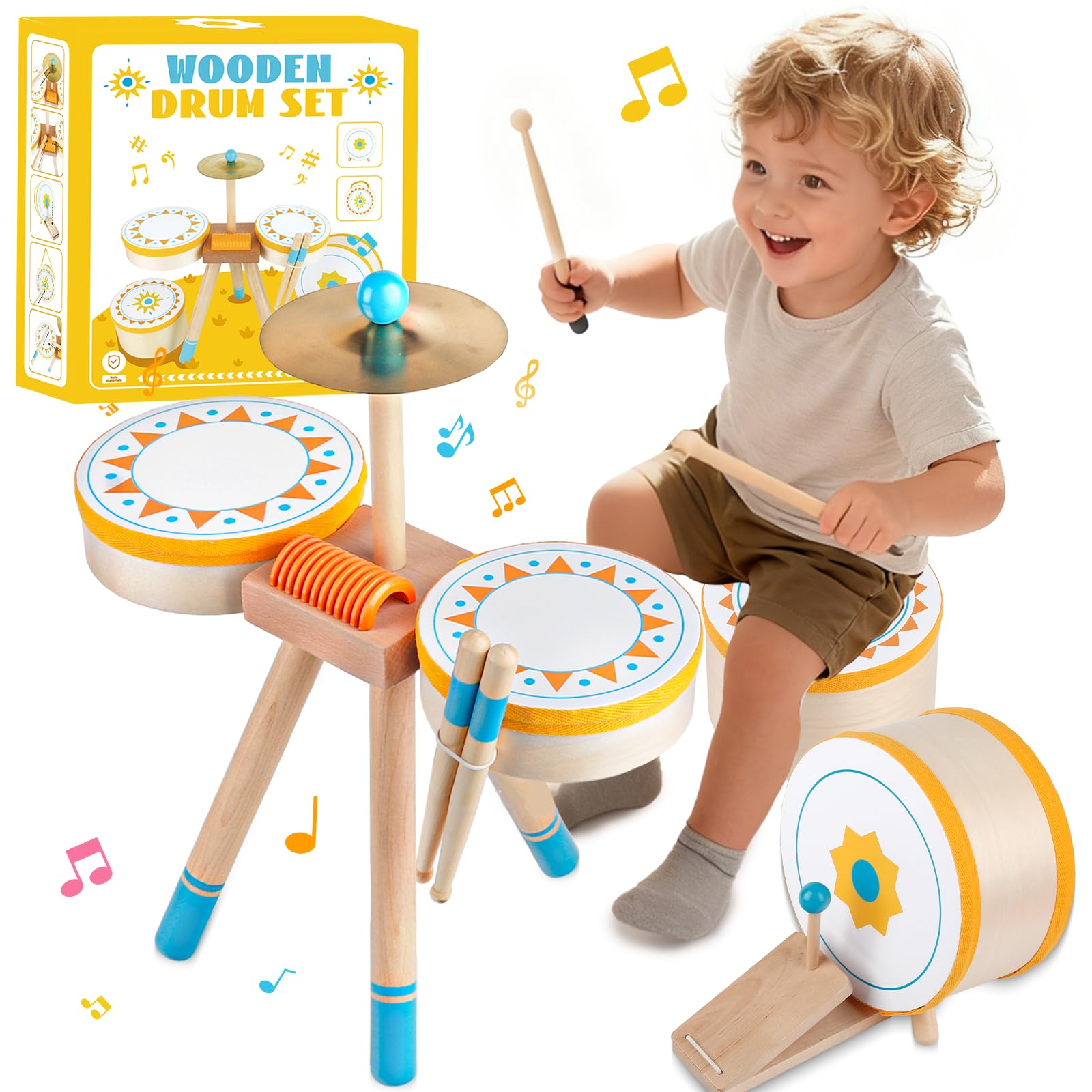 Tamburo Montessori per Bambini 1+ Anno | Set di Tamburi Educativi in Legno per Bambini 1-3 Anni | Strumenti Musicali per Neonati, Regalo Perfetto per Compleanno/Natale per Ragazzi e Ragazze