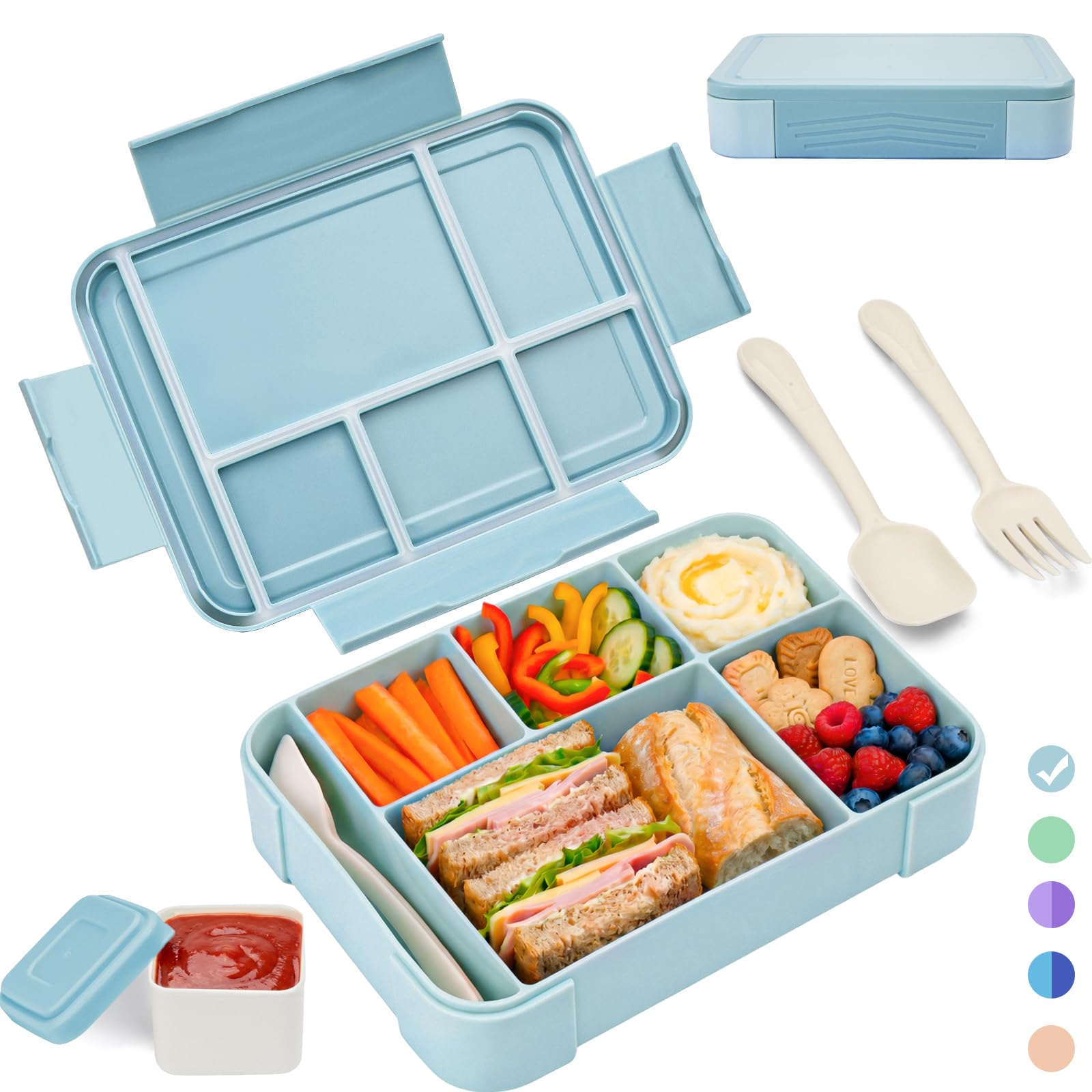 BIBURY Brotdose Kinder mit Fächern Auslaufsicher 1300ml, BPA-frei Lunchbox Kinder Bento Box auch für Erwachsene mit 5 Fächern und Saucenbox für Schule & Kindergarten & Ausflüge, Leicht 340g