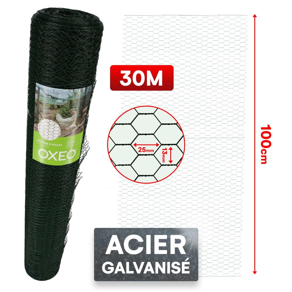 Oxeo Grillage à Poule 30m - Hauteur 1m - Acier revêtement PVC Vert – Maille hexagonale 25x13mm - Filet de clôture pour poulailler