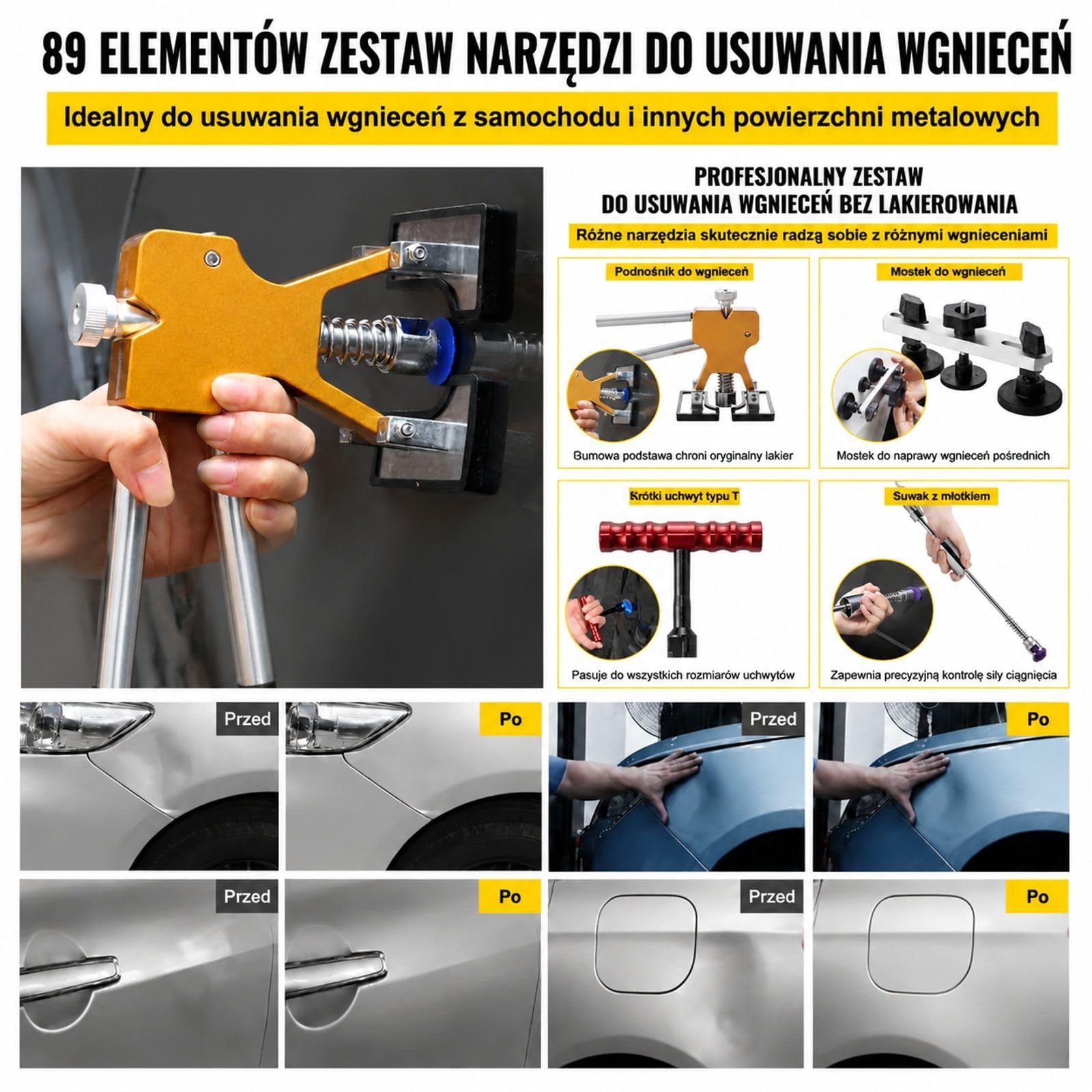 Zestaw do naprawy wgnieceń samochodowych 89 elementów z wyciągaczem, mostkiem, młotkiem ślizgowym, pistoletem do kleju, panelem LED, gumą, aluminium i plastikiem do metalowych powierzchni