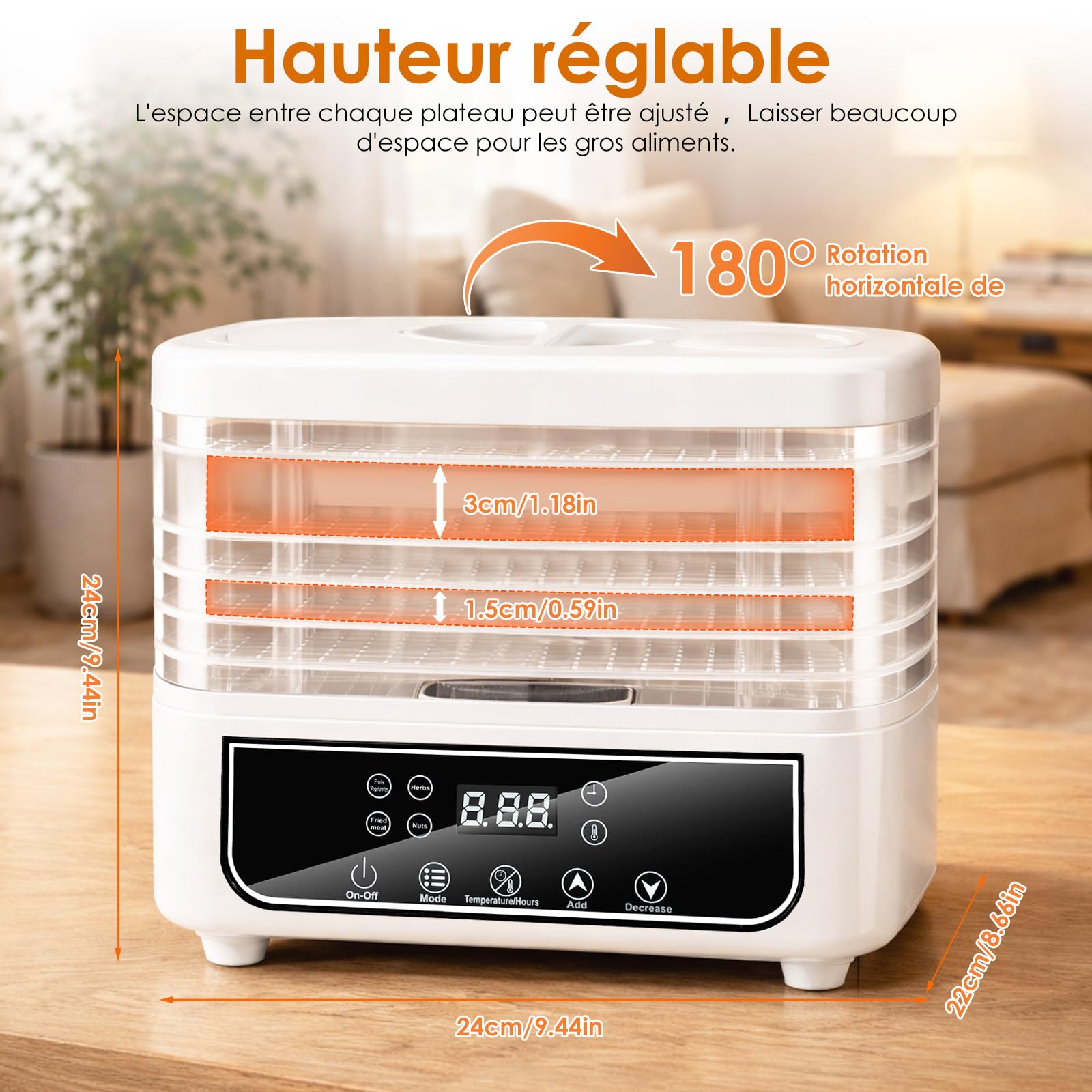 Déshydrateur Alimentaire, Déshydrateur à 5 Plateaux Réglables en Hauteur, Contrôle de Température de 35 à 70°C et Minuterie de 72 Heures, Déshydrateur pour Fruits et Légumes, Sans BPA