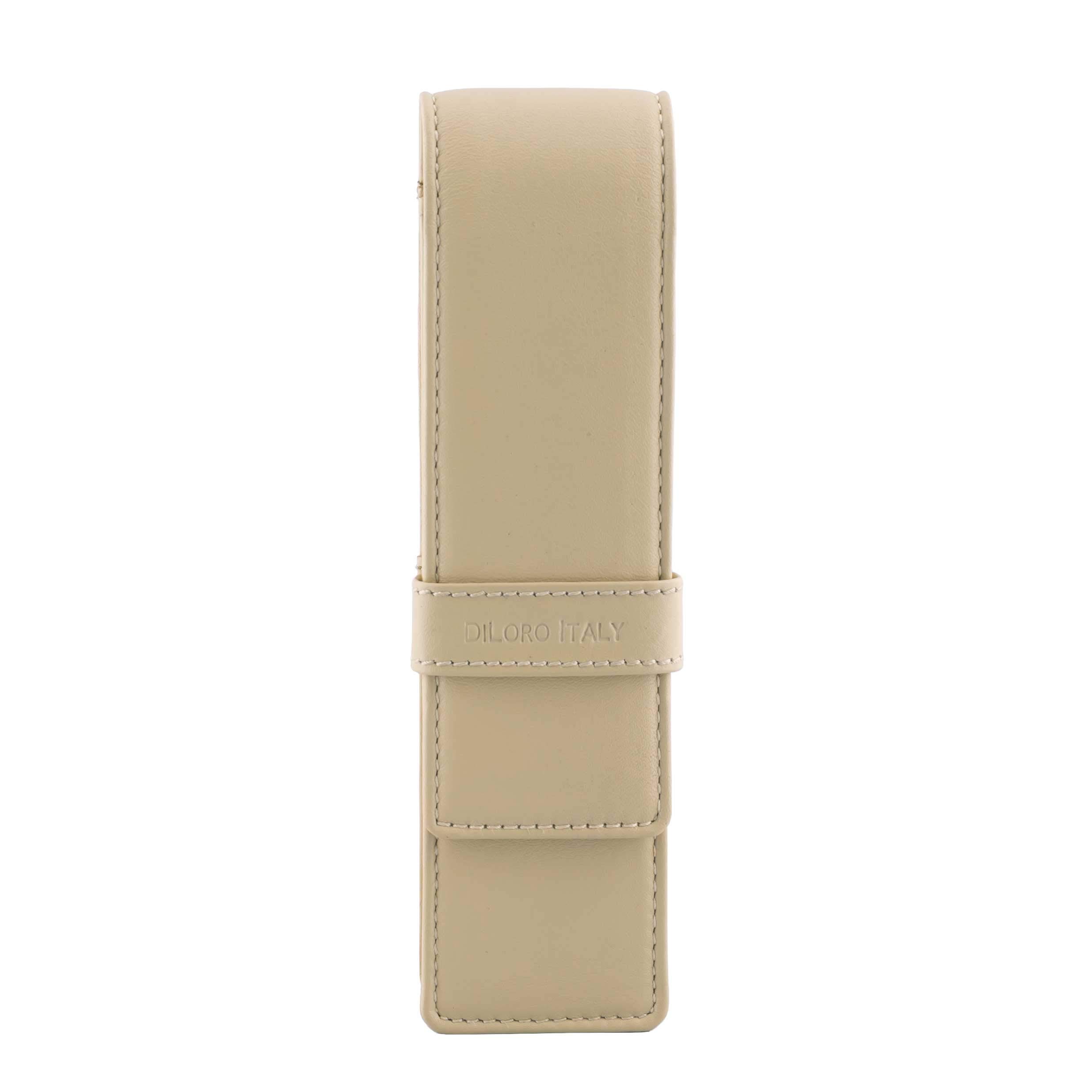 DiLoro Leather Double Pen Case Pencil Pouch Holder for Two Fountain Ballpoint Rollerball Pens and Pencils (Beige)