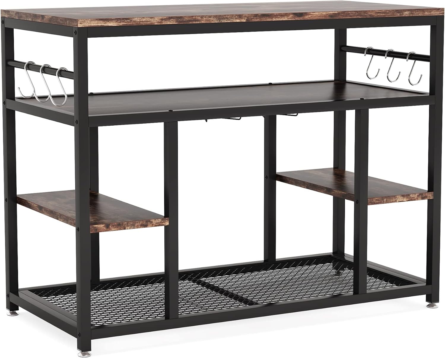 Tribesigns Kitchen Island with Storage and Wine Glass Rack, Industrial Island Table with 5 Shelves and Large Worktop, Butcher Block Island Coffee Bar Table with 6 Hooks, Rustic Brown : Home & Kitchen