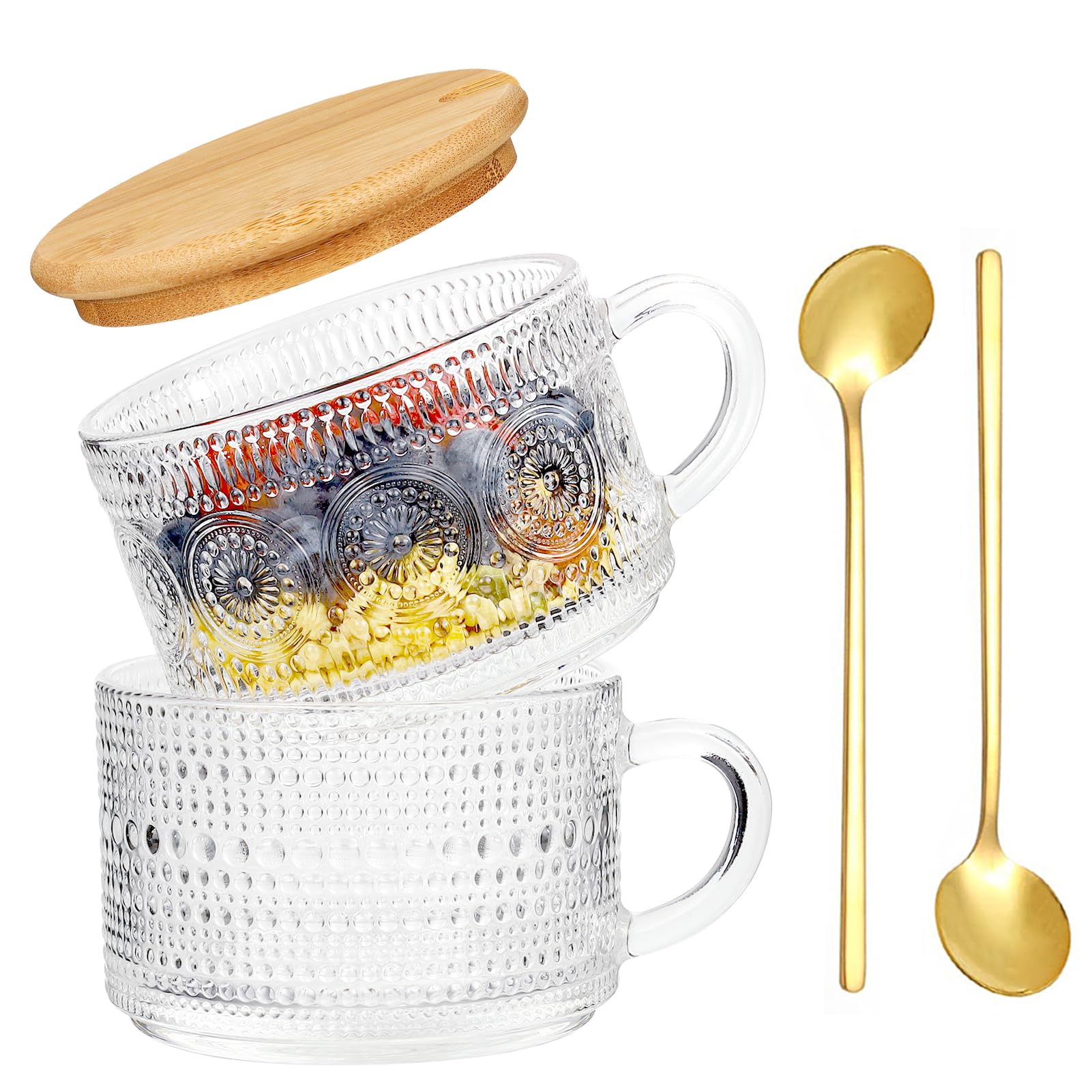 Mzekgxm Vintage Coffee Mugs 14 Oz Set of 2, Clear Embossed Glass Cups