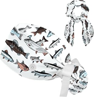 FVQL 2 Pieces Surgical Cap for Long Hair Scrub Cap with Hairband Nurse Cap, Fishes Cartoon