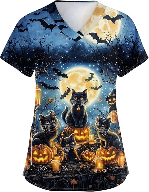 OIOLOYJM Halloween Christmas Scrub Tops Women Print V Neck Short Sleeve Plus Size Scrubs for Womens Shirts with Pockets