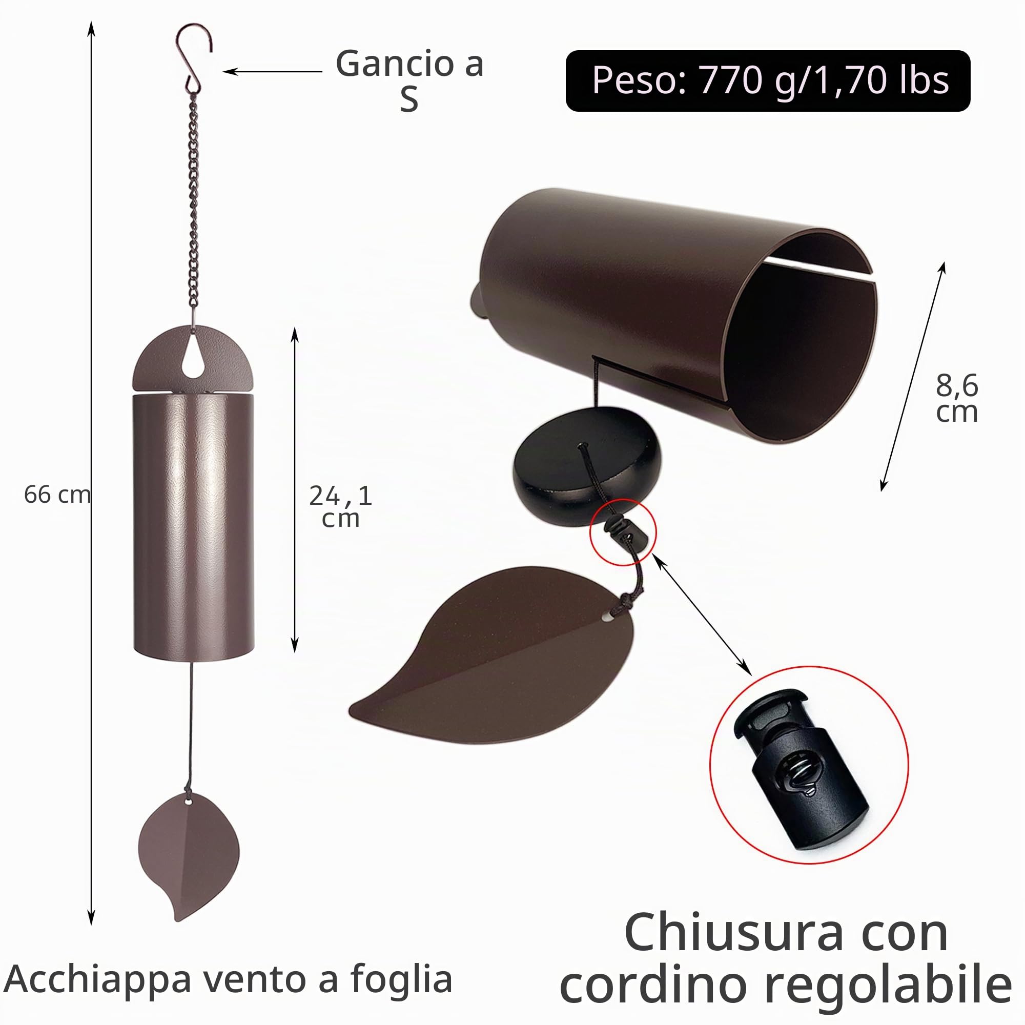 Grande campana a risonanza profonda della serenità, 66 cm, campanelli a vento commemorativi per la perdita della persona cara, scacciaspiriti dai toni profondi per esterni, campane a vento per